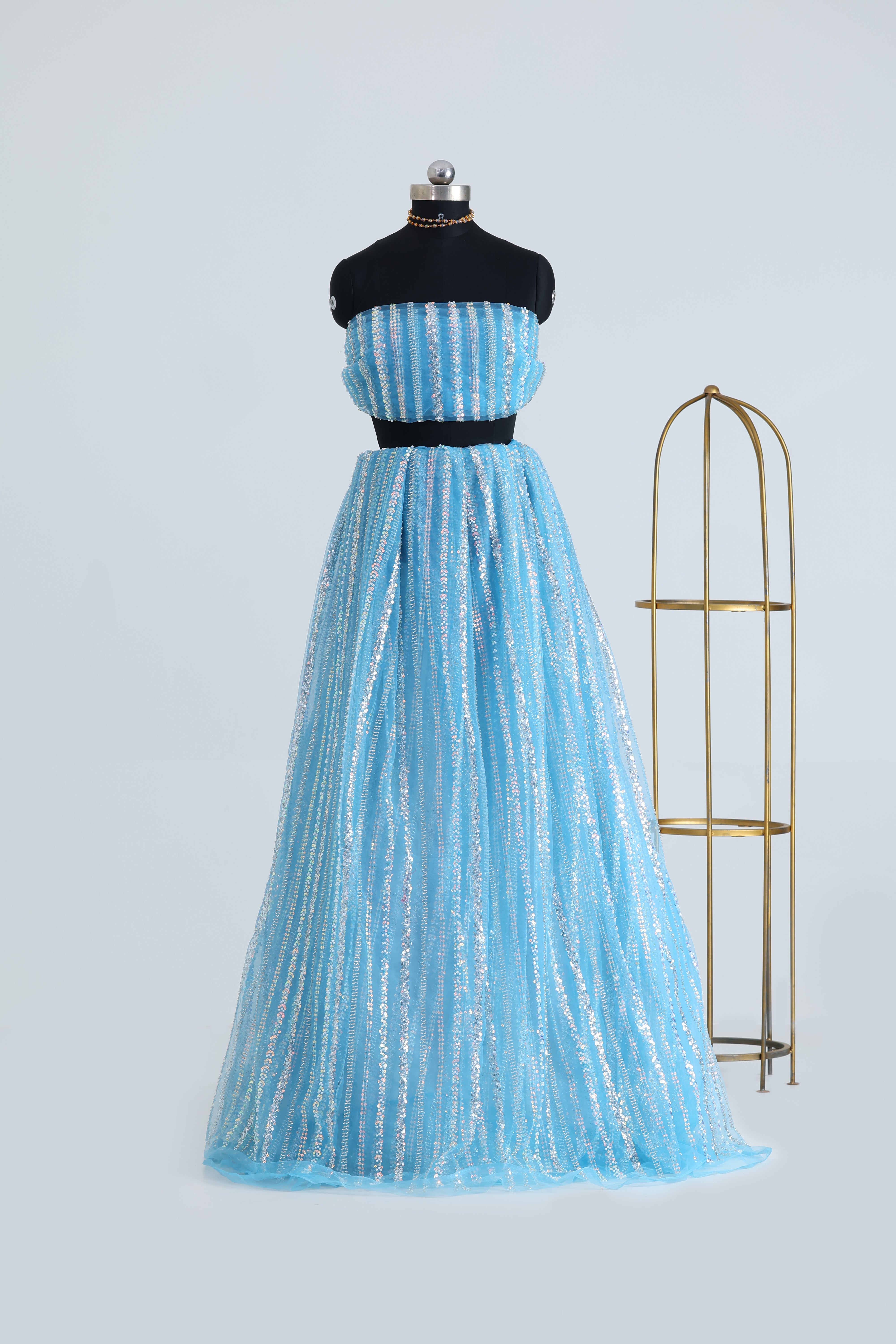 Blue net fabric with floral pattern
