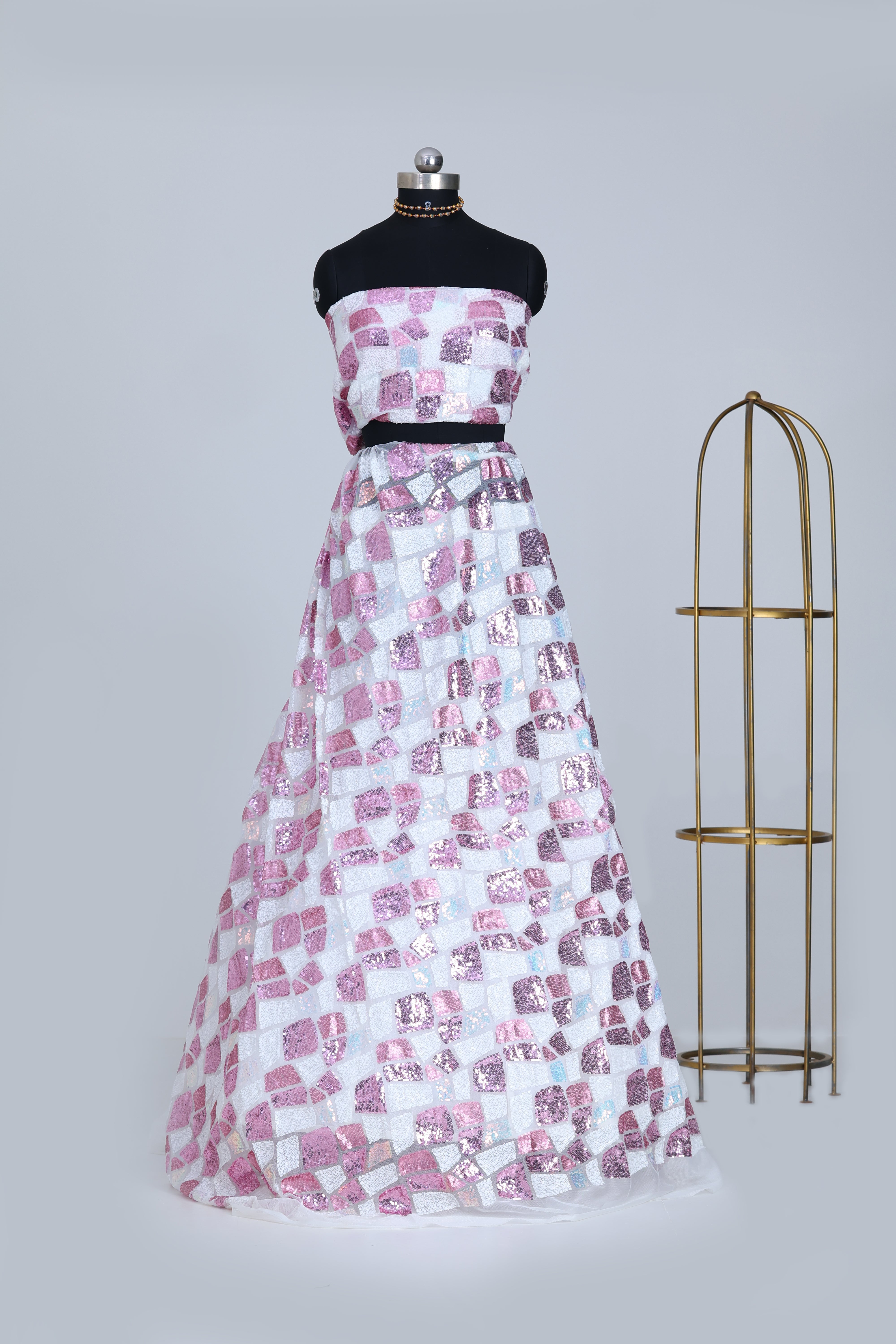 White net fabric with pink and blue sequence