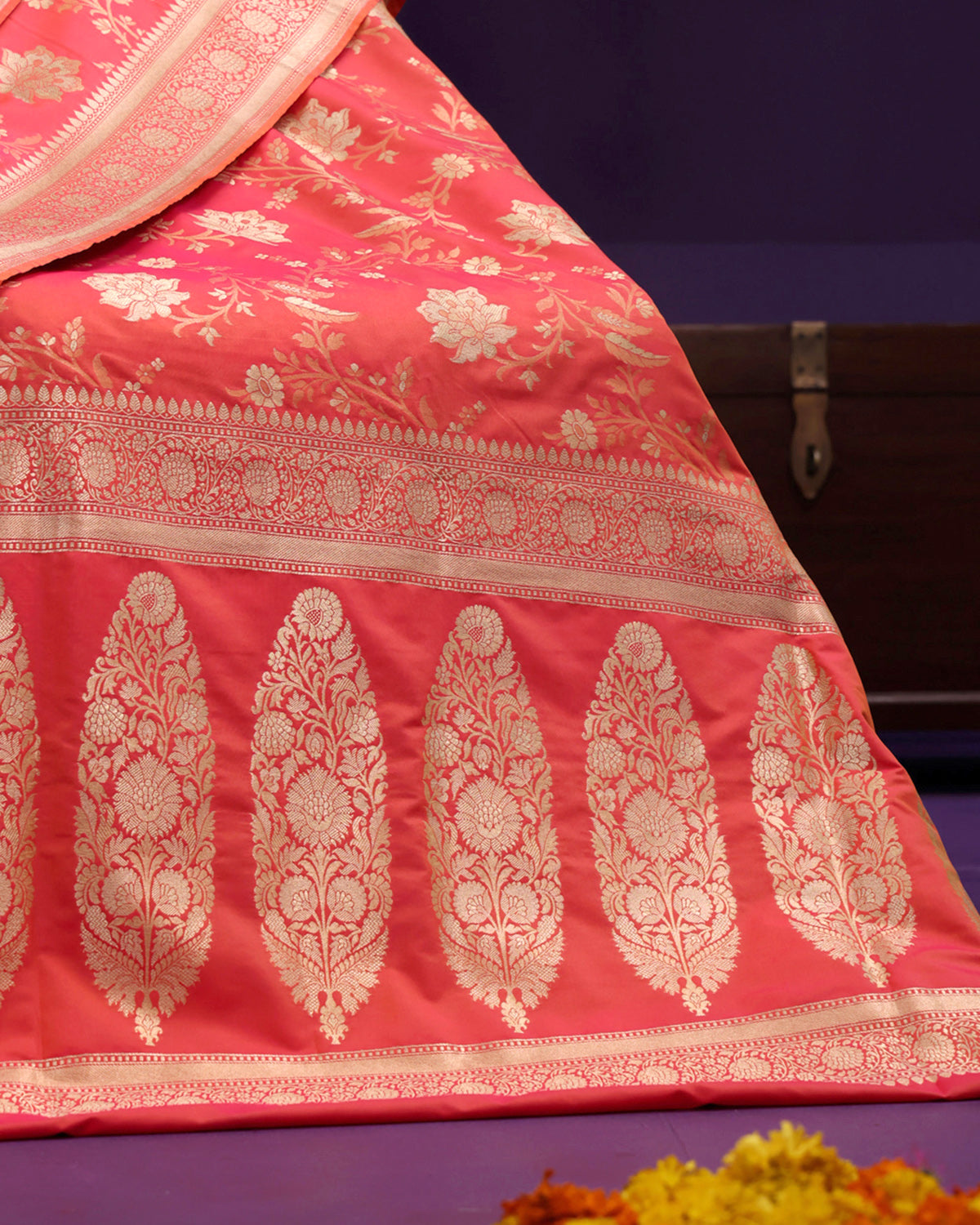 Vermilion Gold Banarasi Silk Saree with Floral Motifs