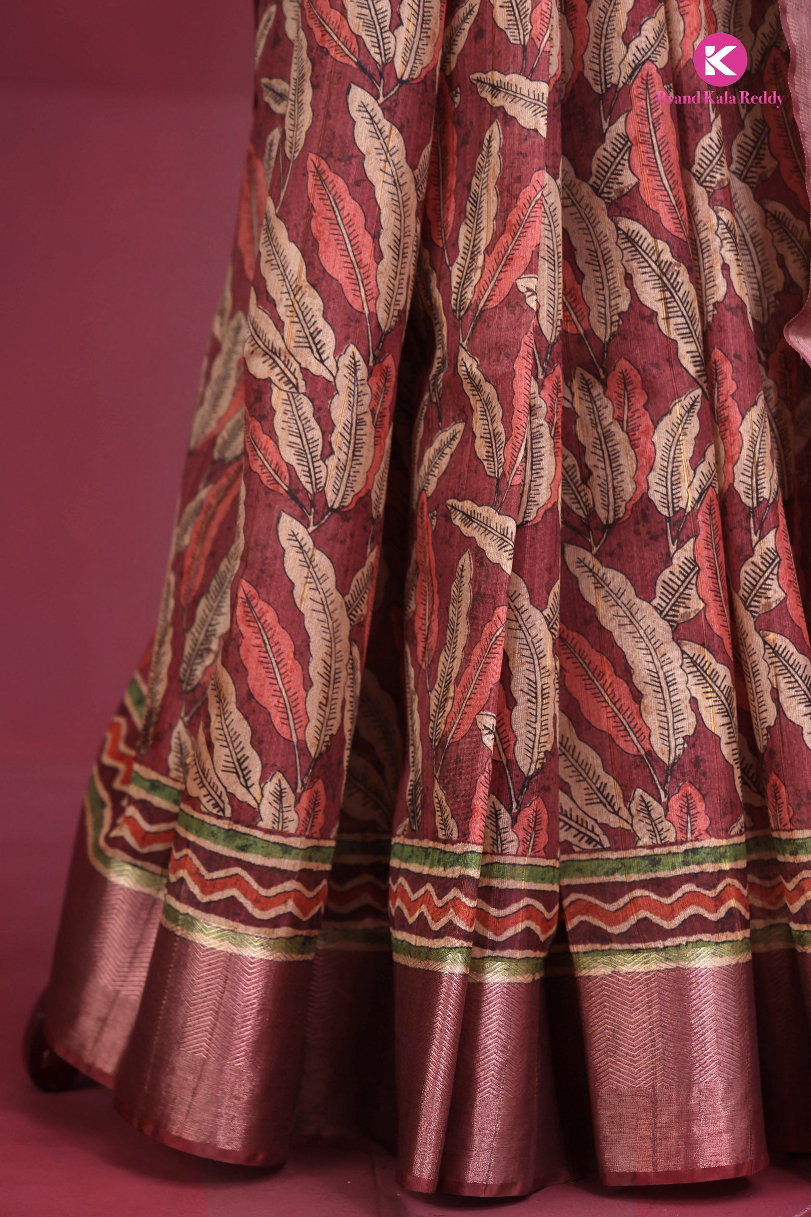 Autumn Leaves: Earthy Printed Silk Saree with Zari Border