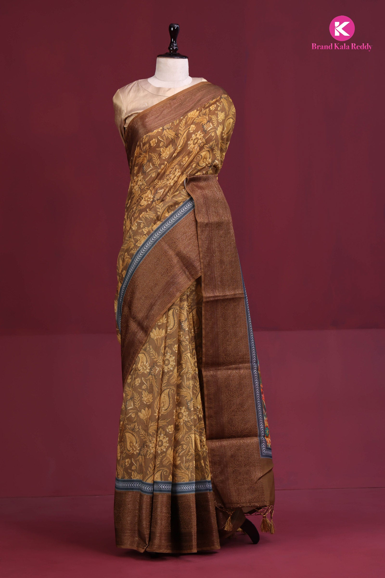 brown printed silk saree