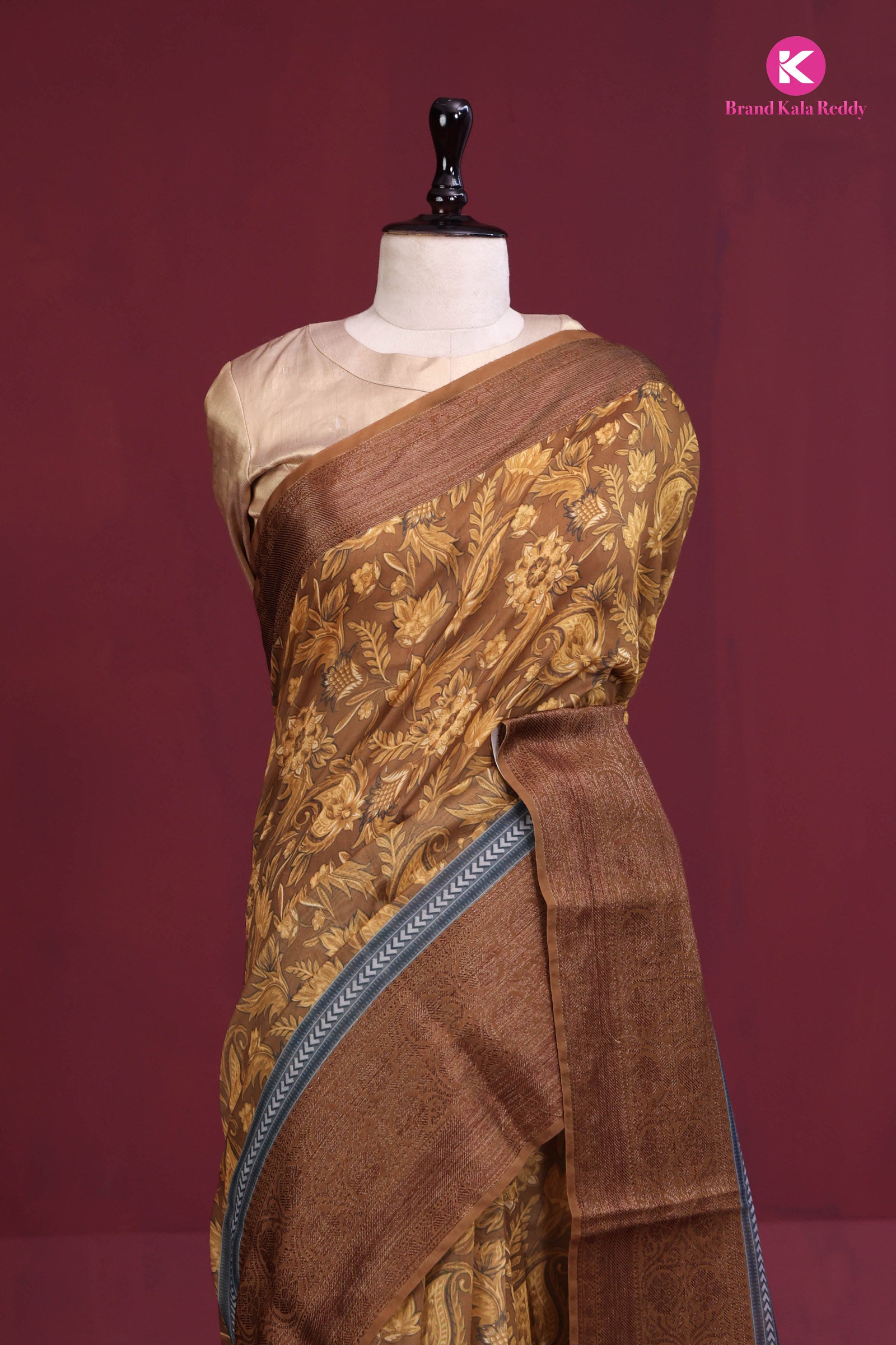 brown printed silk saree