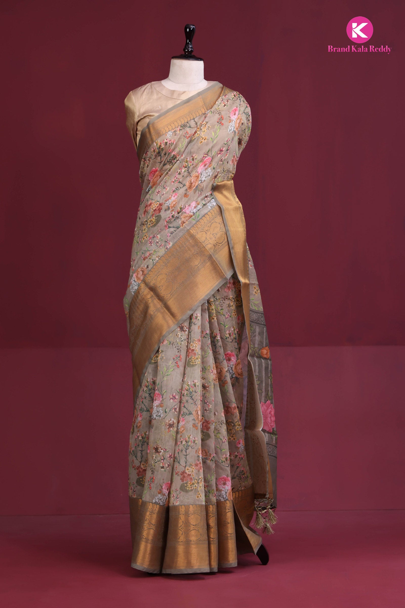 Golden Garden Grace – Printed Silk Saree with Zari Border