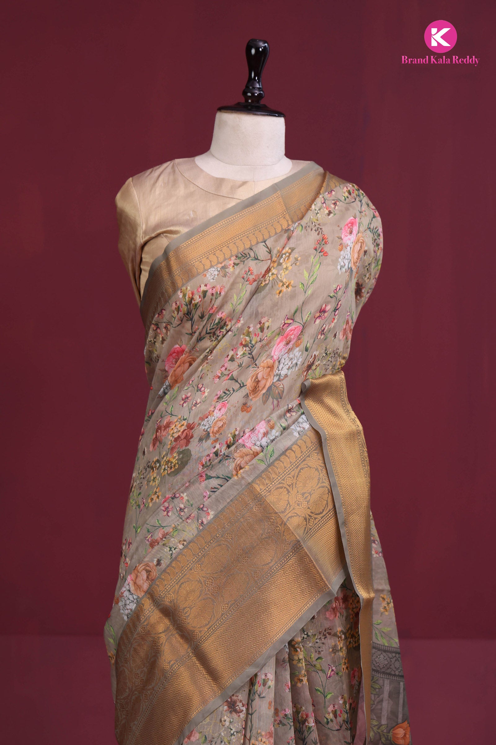 Golden Garden Grace – Printed Silk Saree with Zari Border