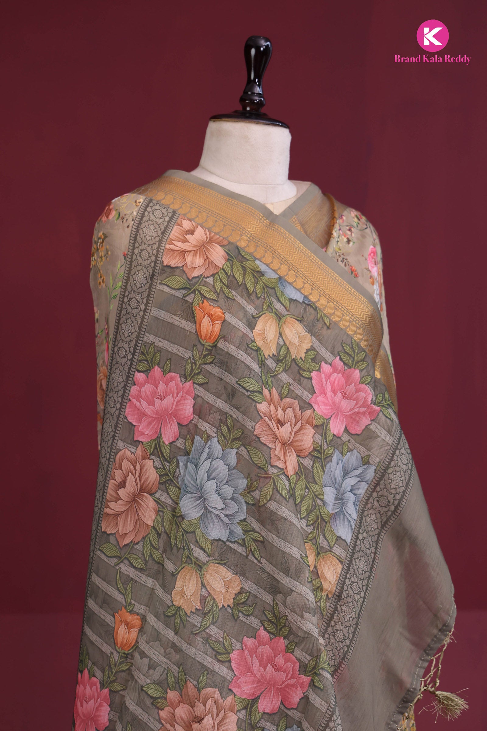 Golden Garden Grace – Printed Silk Saree with Zari Border