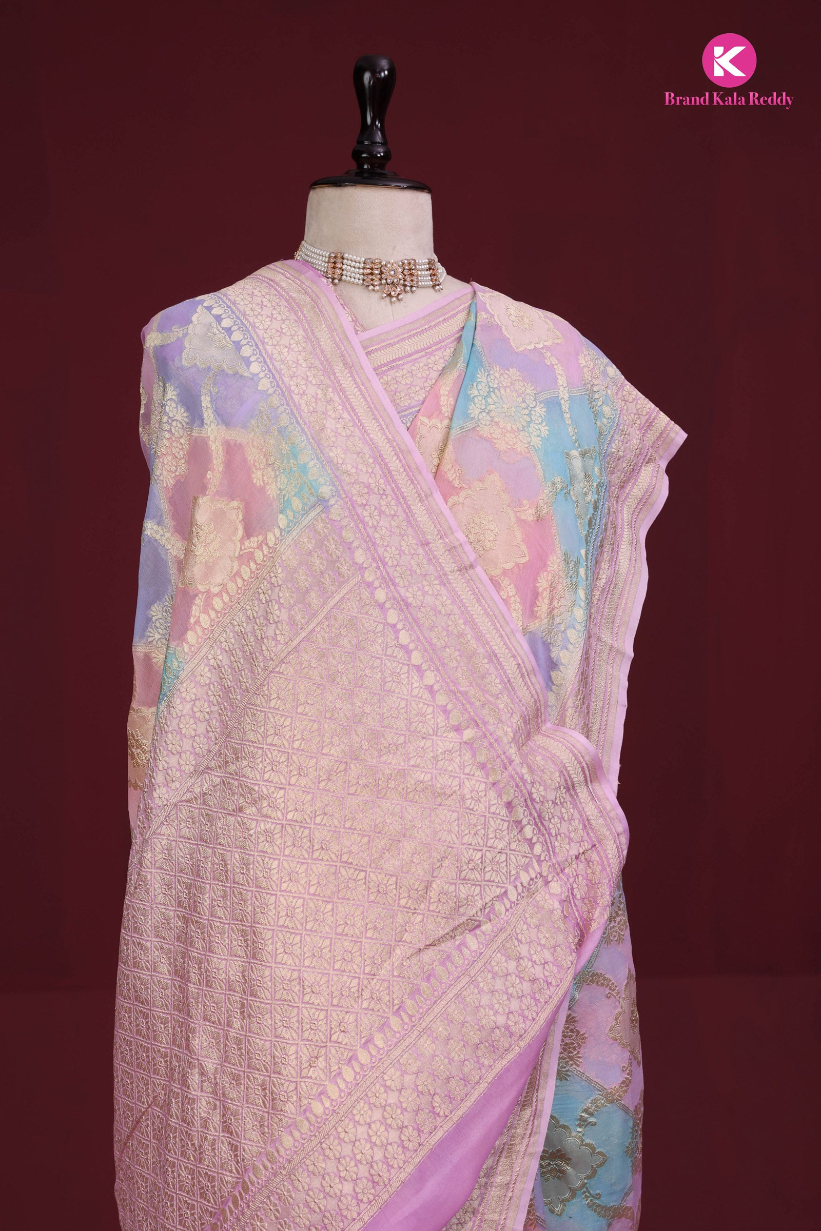 A Multi Pastel Colour Georgette Banarasi Silk Saree in Rankat style