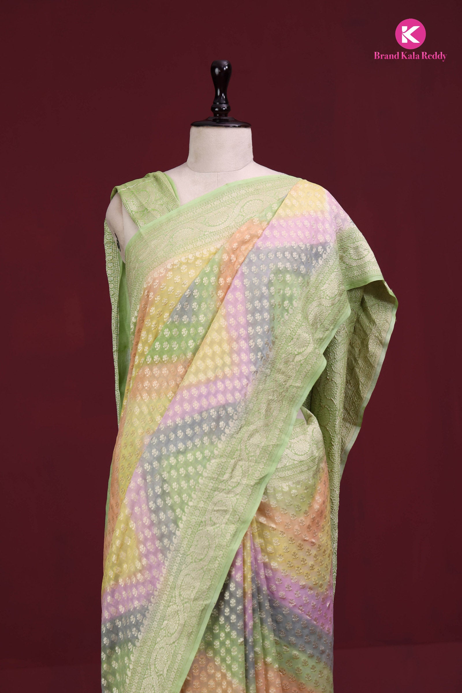 A Multi Pastel colour Georgette Banarasi Silk Saree in Rankat Style