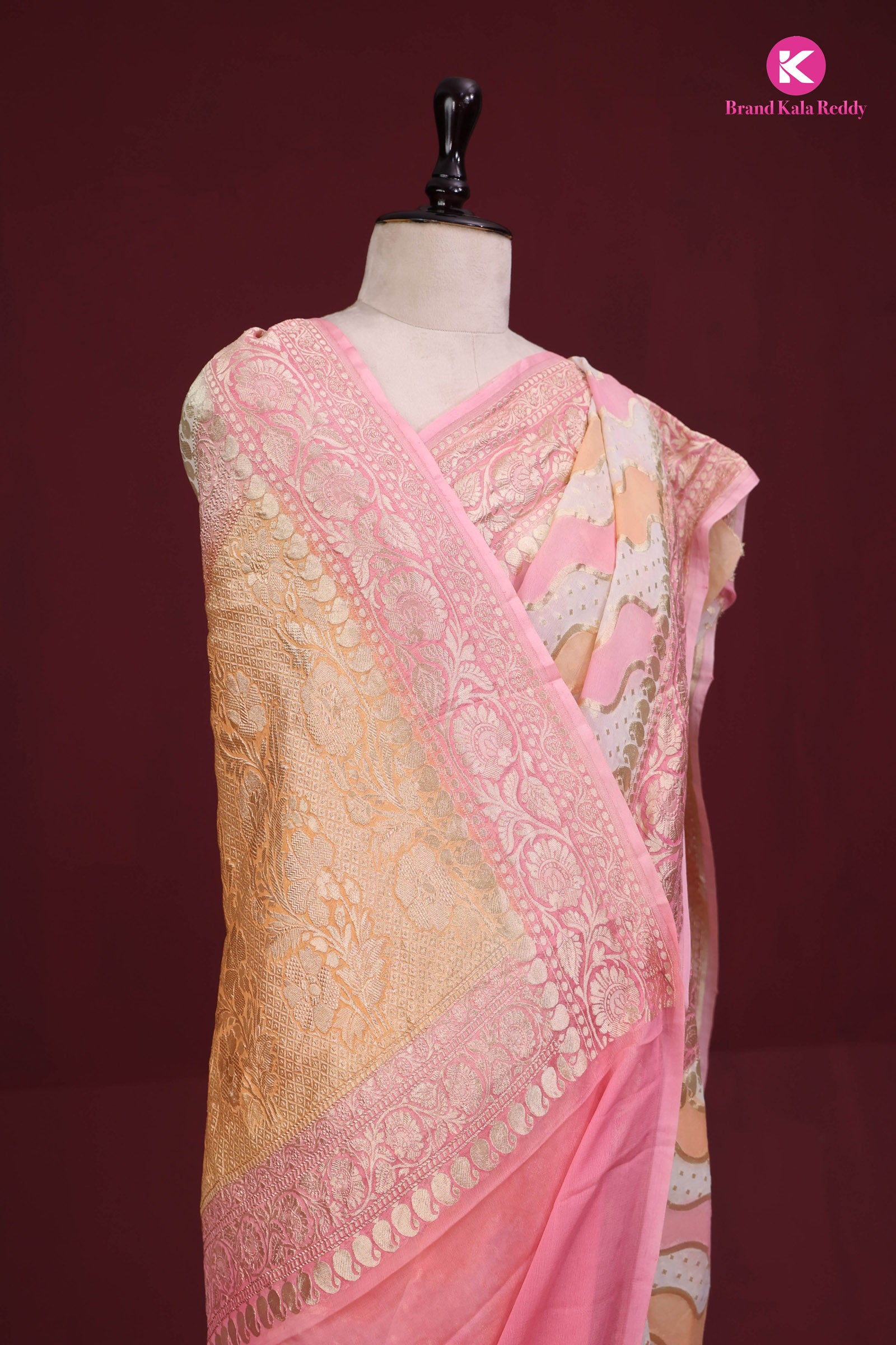 A pastel pink colour Georgette Banarasi saree in Rankat style