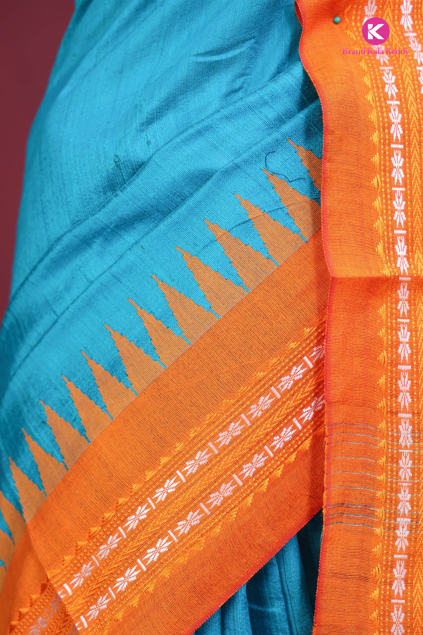 Sunset Breeze – Moonga Silk Saree in Turquoise & Tangerine