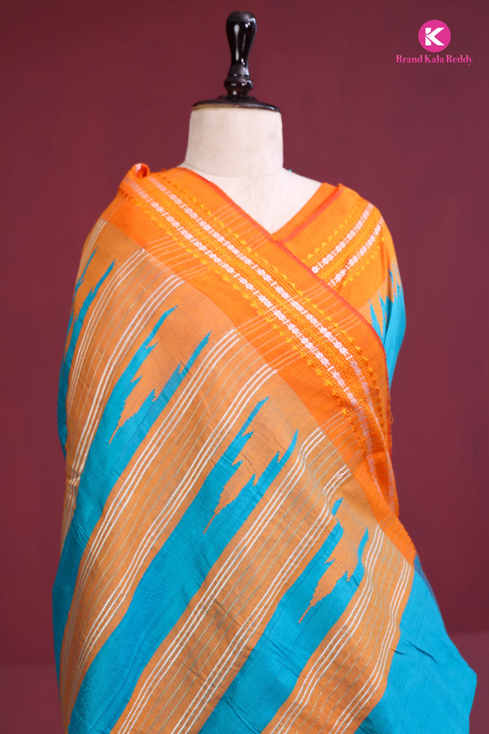 Sunset Breeze – Moonga Silk Saree in Turquoise & Tangerine