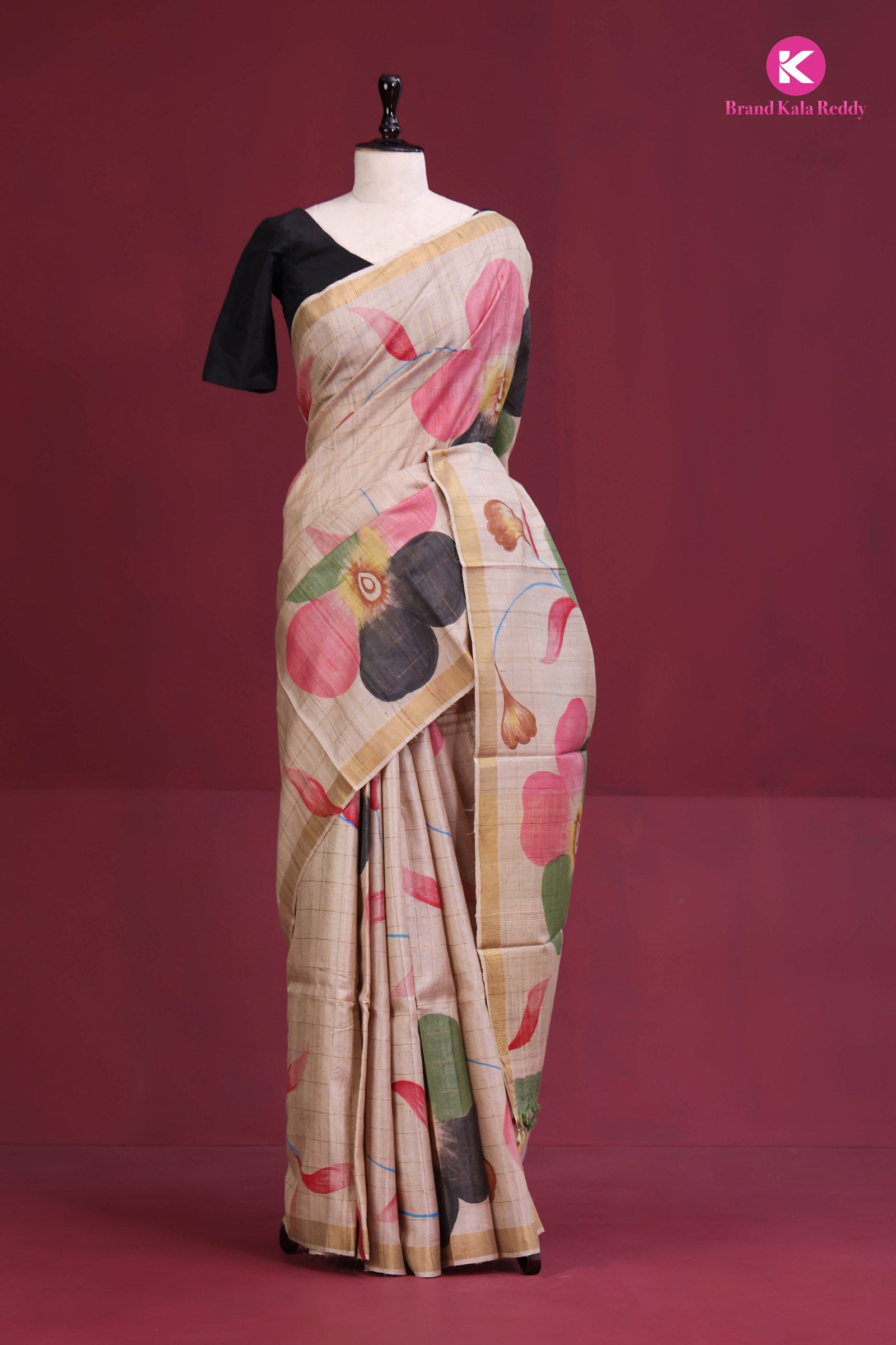 Beige Printed Tussar Silk Saree