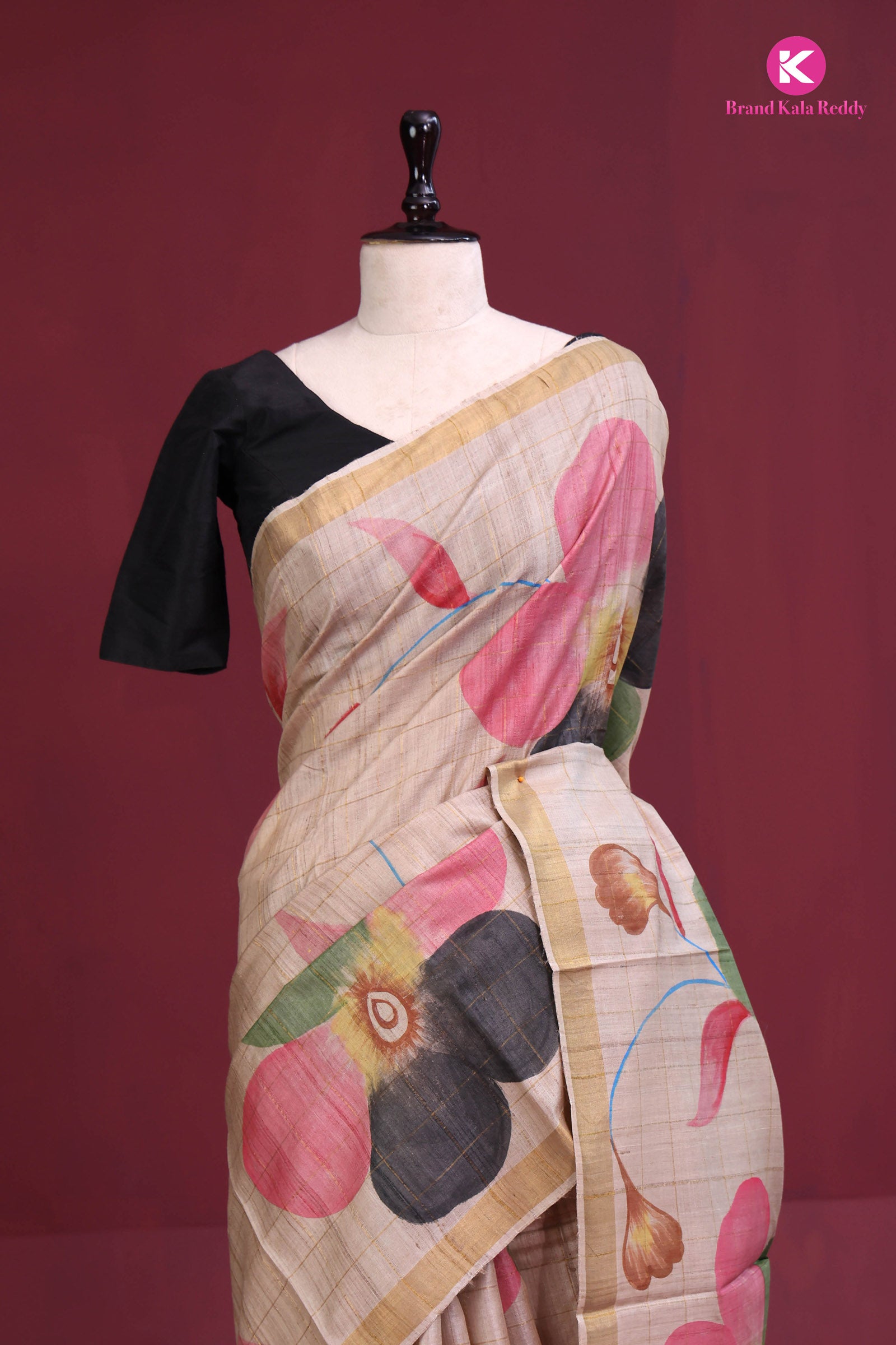Beige Printed Tussar Silk Saree