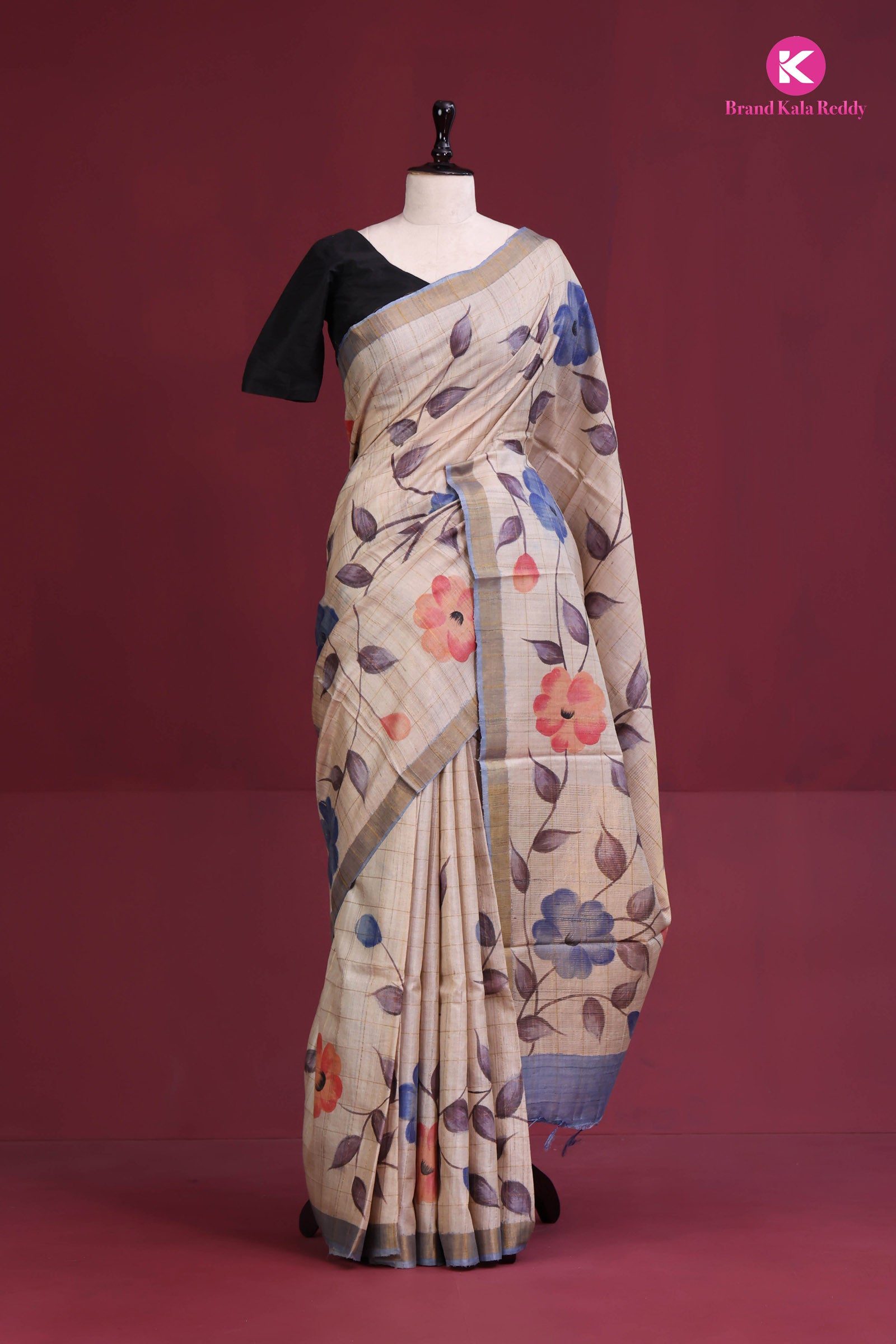 Beige Hand-Painted Tusaar Flower Motifs