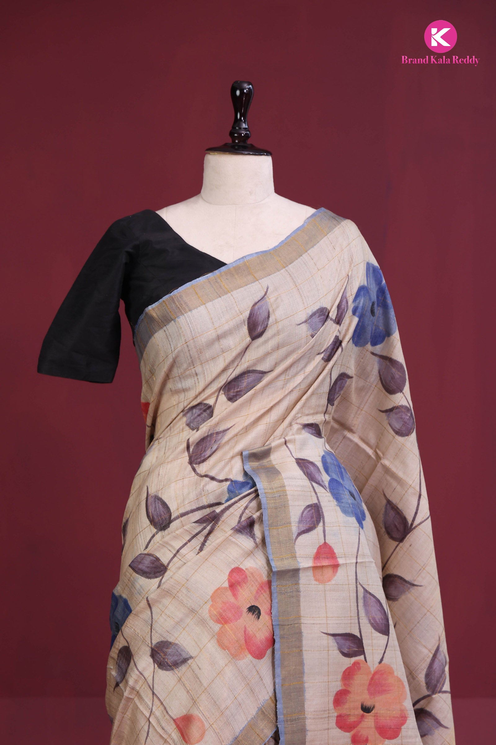 Beige Hand-Painted Tusaar Flower Motifs