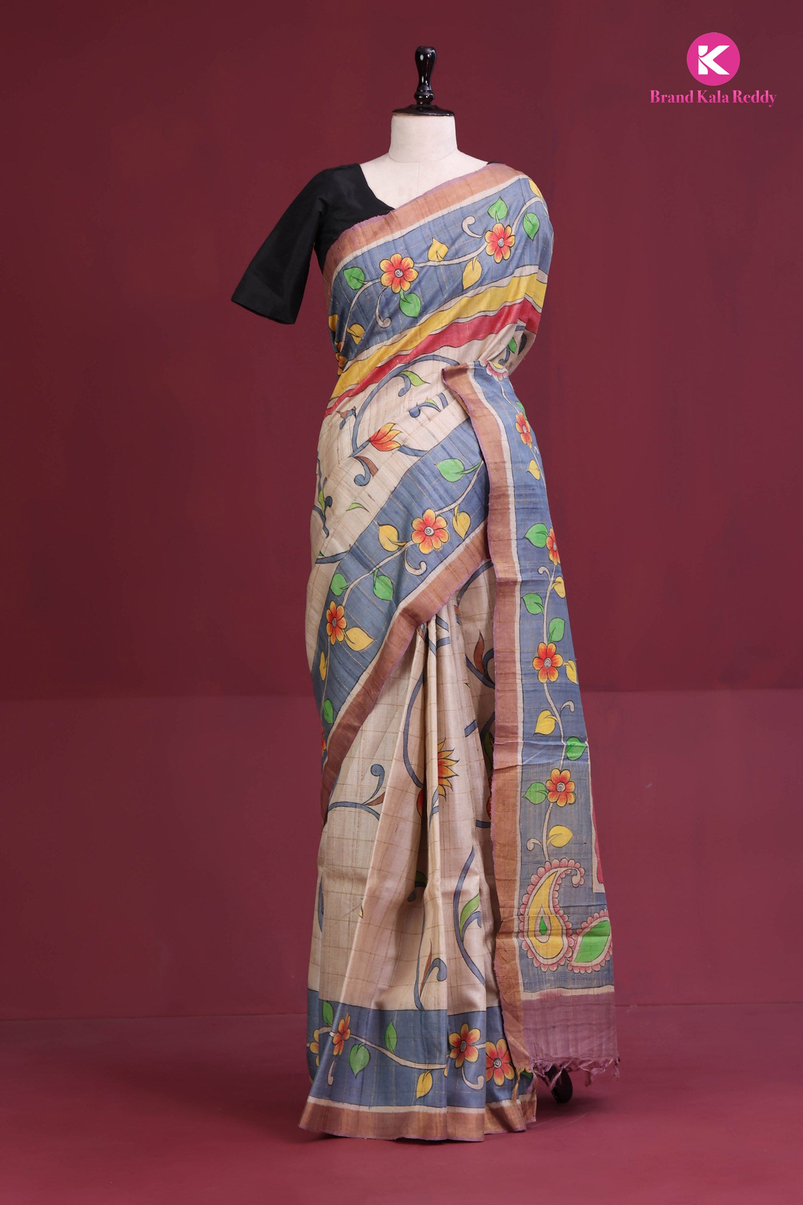 Beige Tussar Silk Saree with Checks and Hand-Painted Flower Motifs