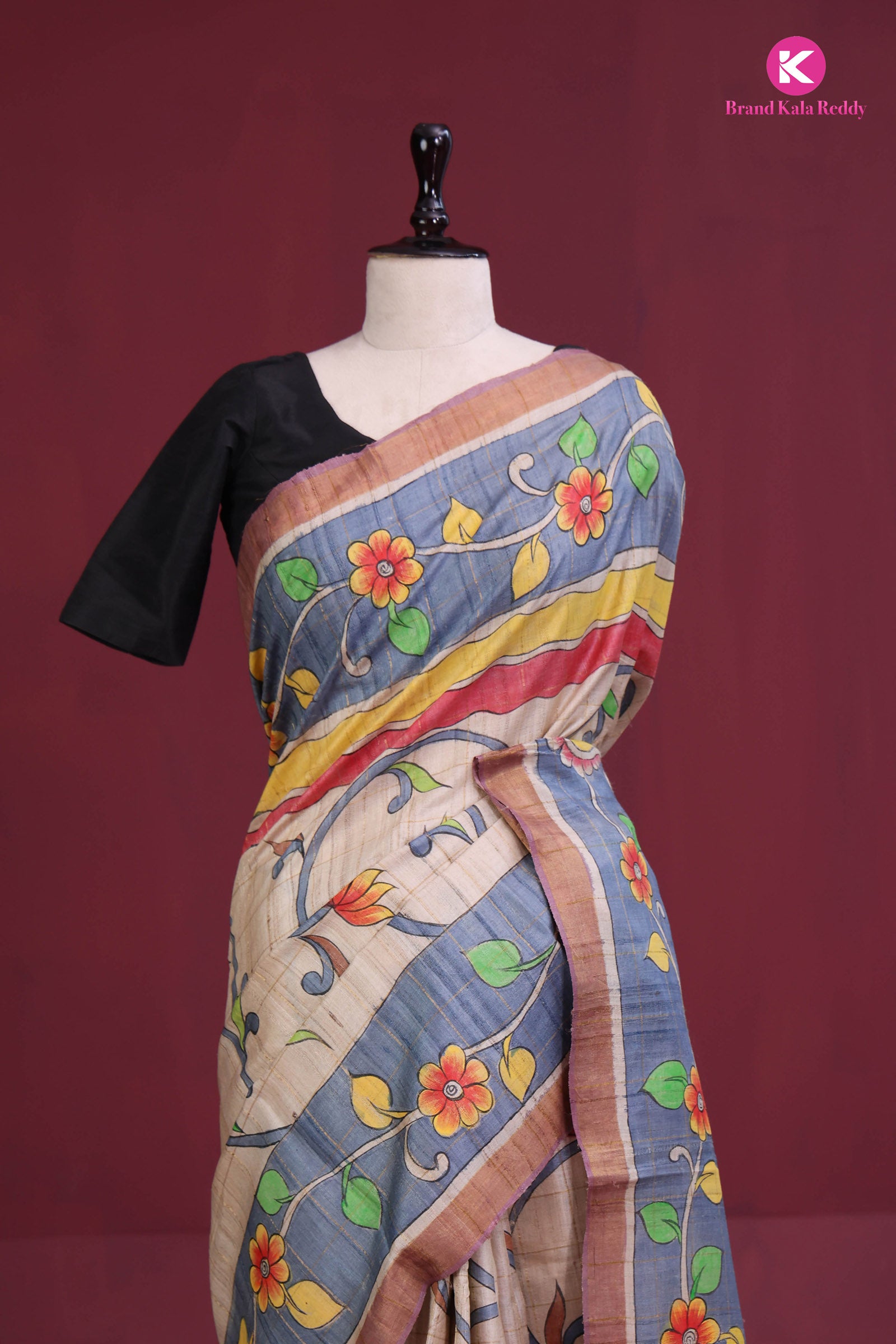 Beige Tussar Silk Saree with Checks and Hand-Painted Flower Motifs