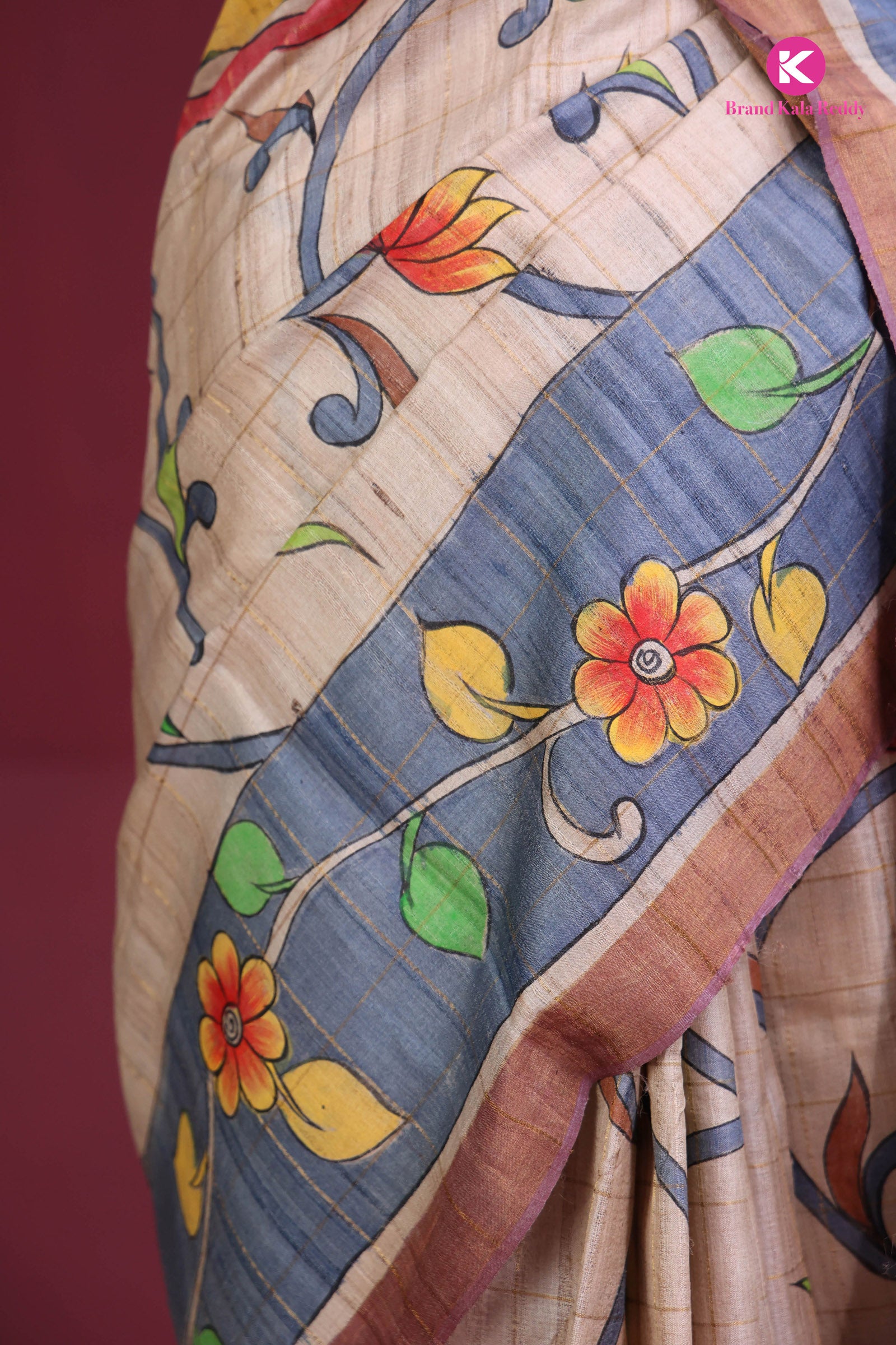 Beige Tussar Silk Saree with Checks and Hand-Painted Flower Motifs