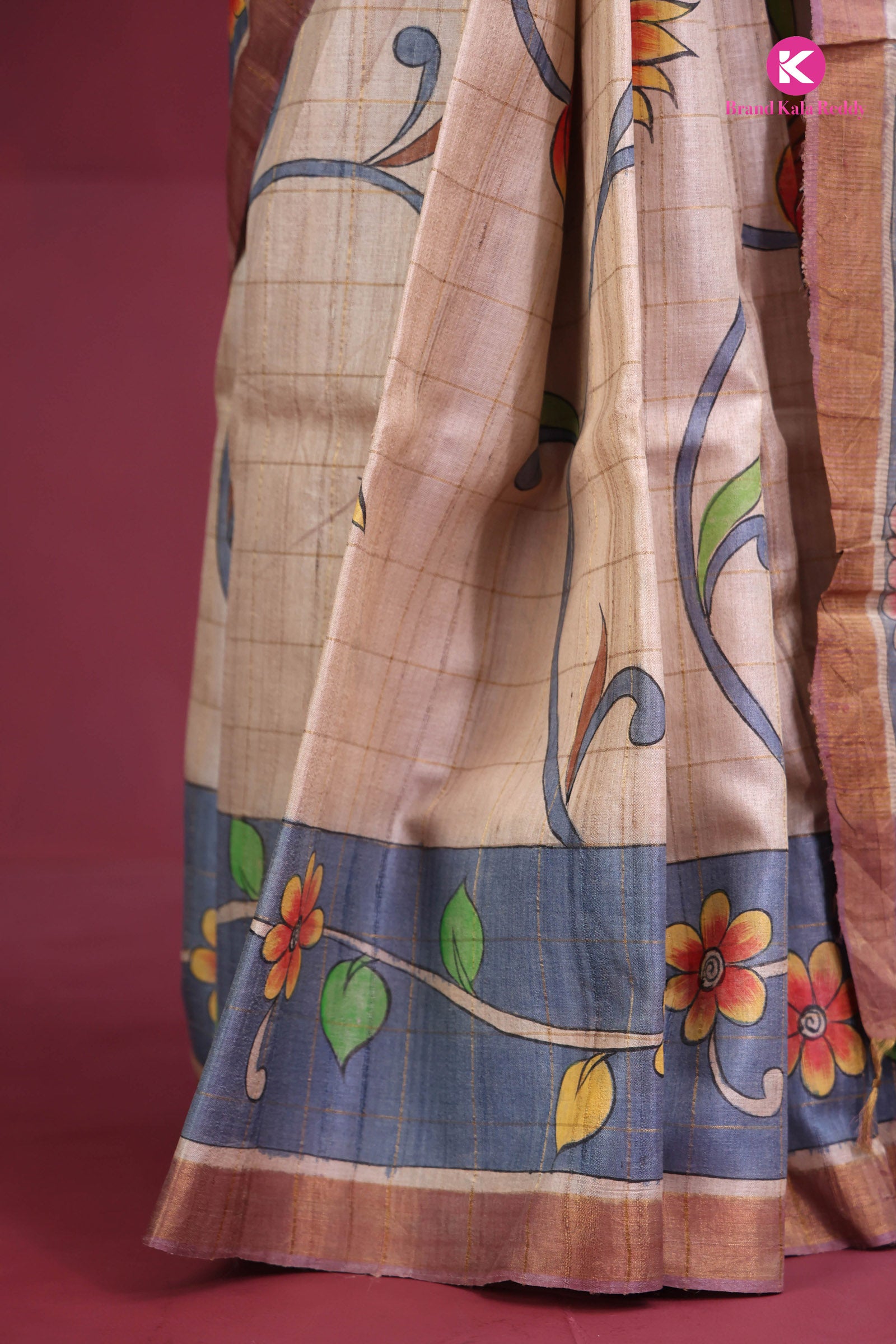 Beige Tussar Silk Saree with Checks and Hand-Painted Flower Motifs