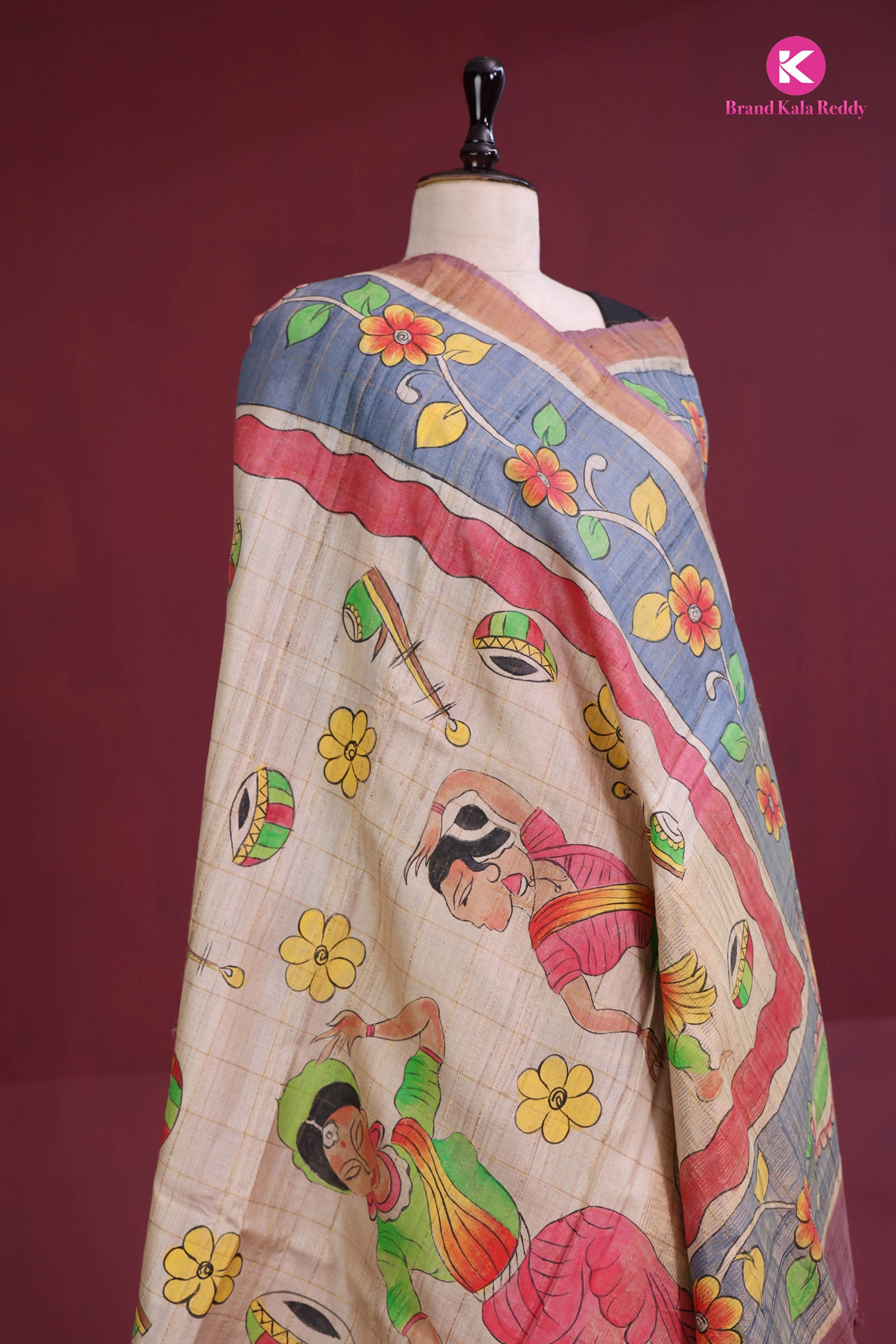 Beige Tussar Silk Saree with Checks and Hand-Painted Flower Motifs