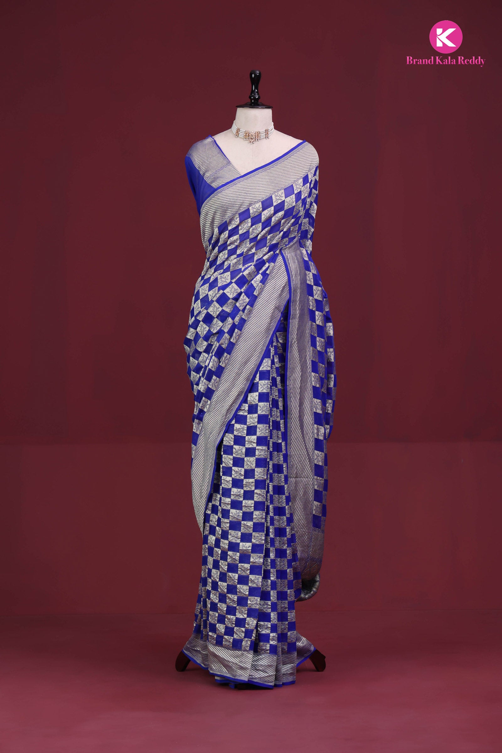 Royal Blue Georgette Banarasi Silk Saree in a Classic Checks Pattern