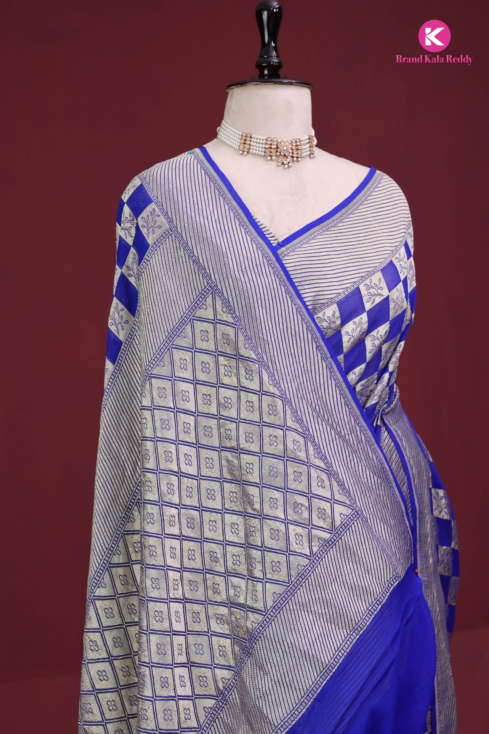 Royal Blue Georgette Banarasi Silk Saree in a Classic Checks Pattern