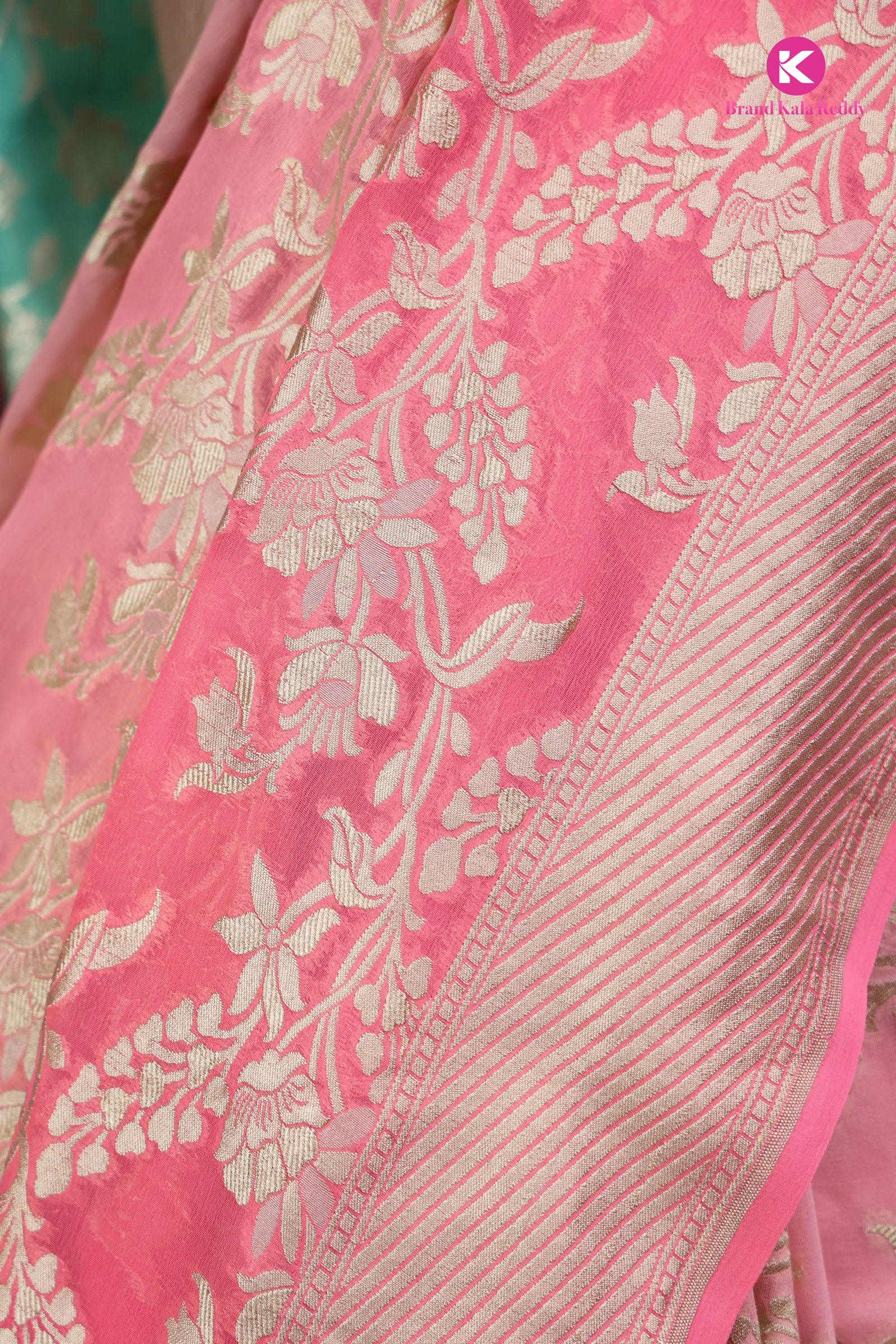 Salmon-Colored Georgette Banarasi Silk Saree