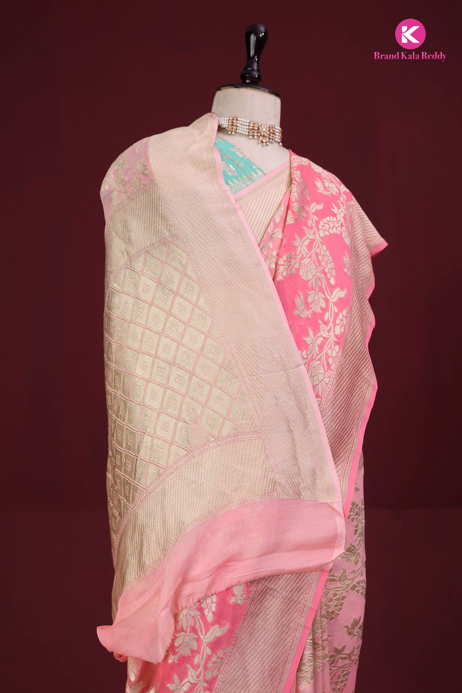 Salmon-Colored Georgette Banarasi Silk Saree