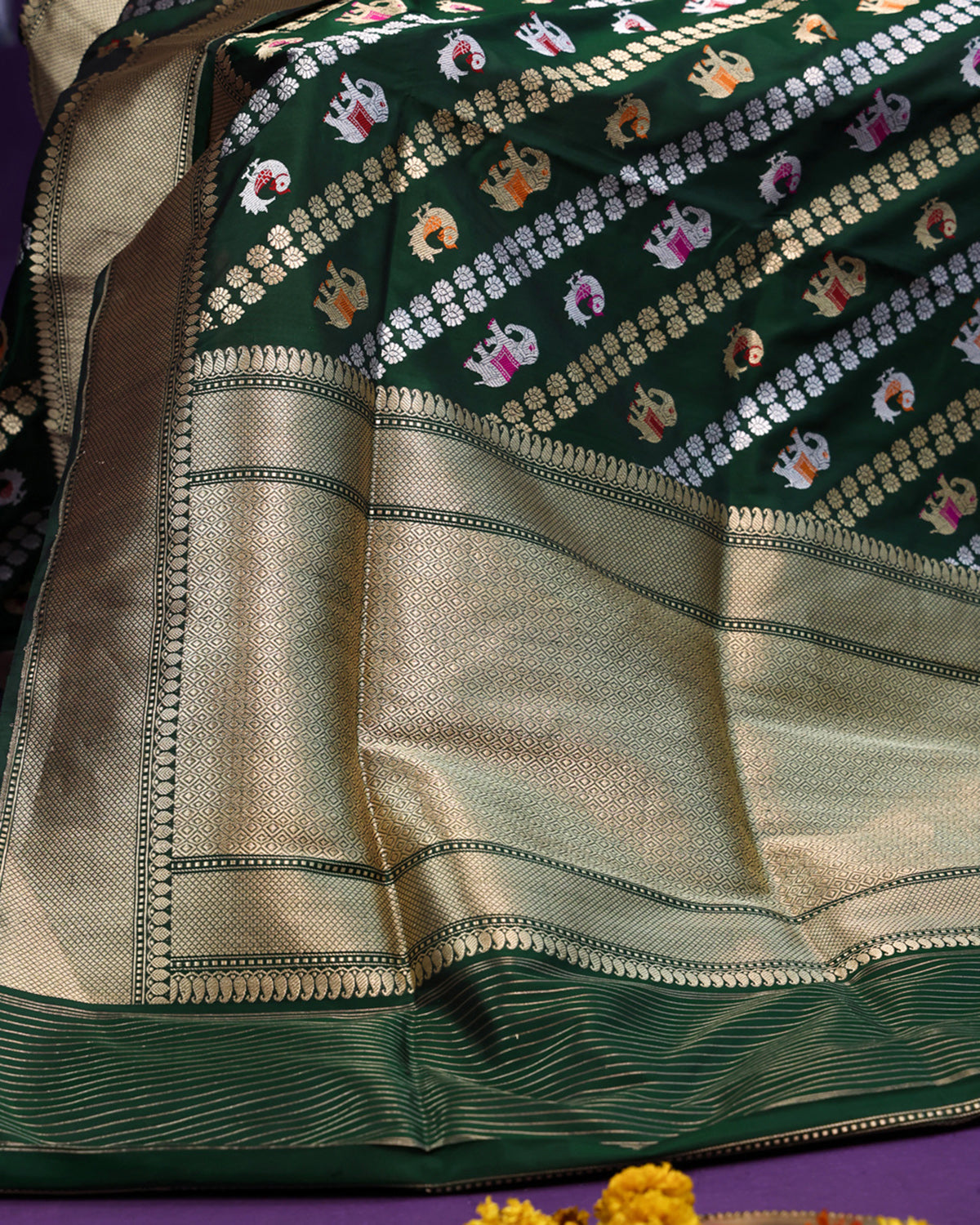 Emerald Elephant Parade :Handloom Banarasi Silk Saree