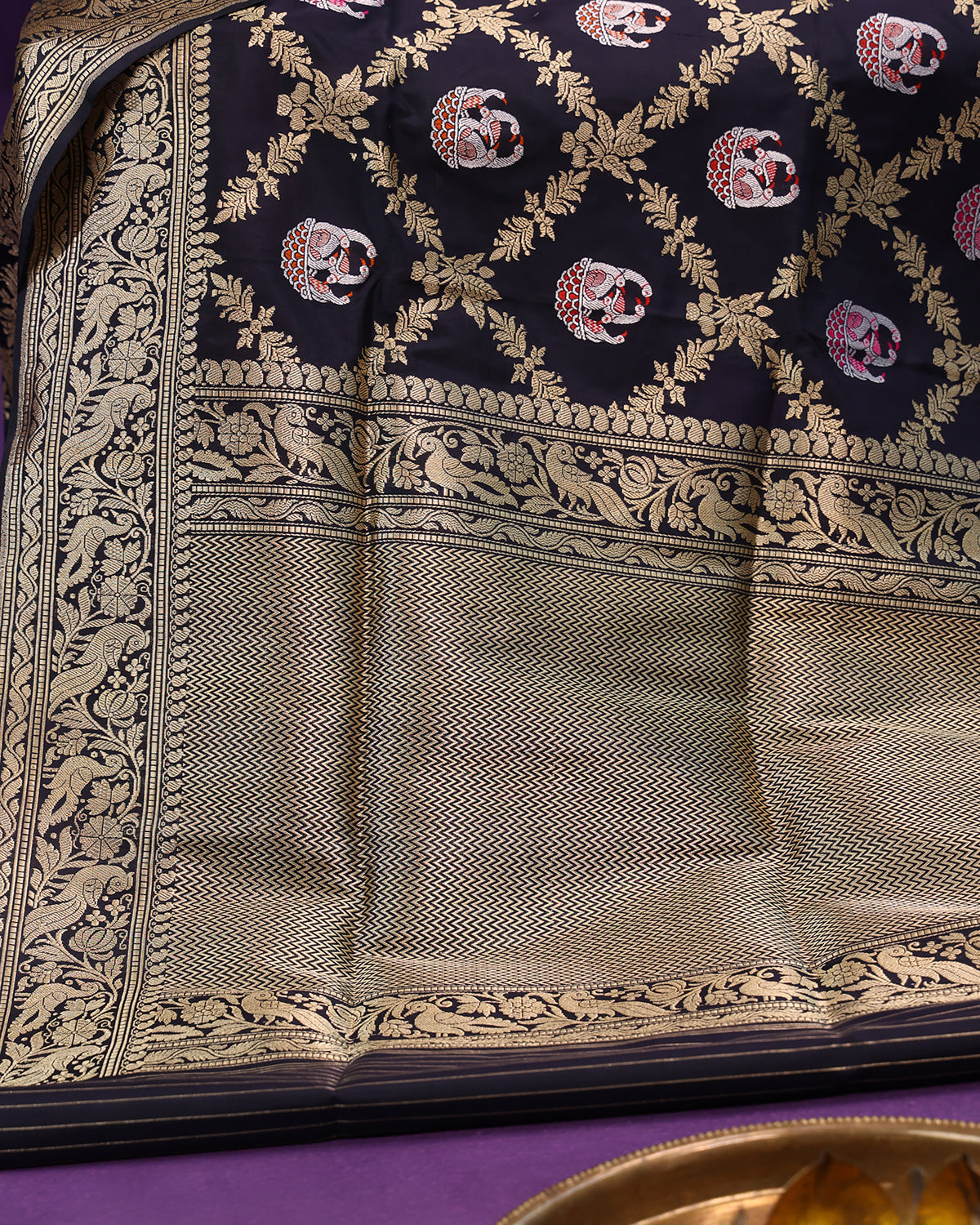 Elegant Navy Blue Banarasi Saree with Intricate Gold and Silver Weave