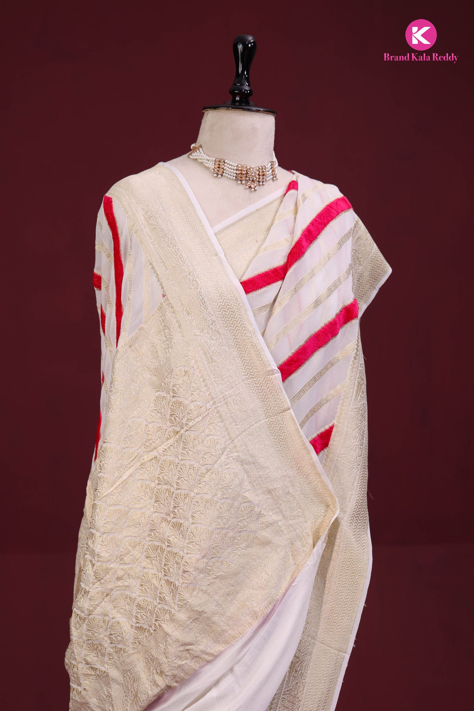 White Georgette Banarasi Silk Saree with Pink Stripes