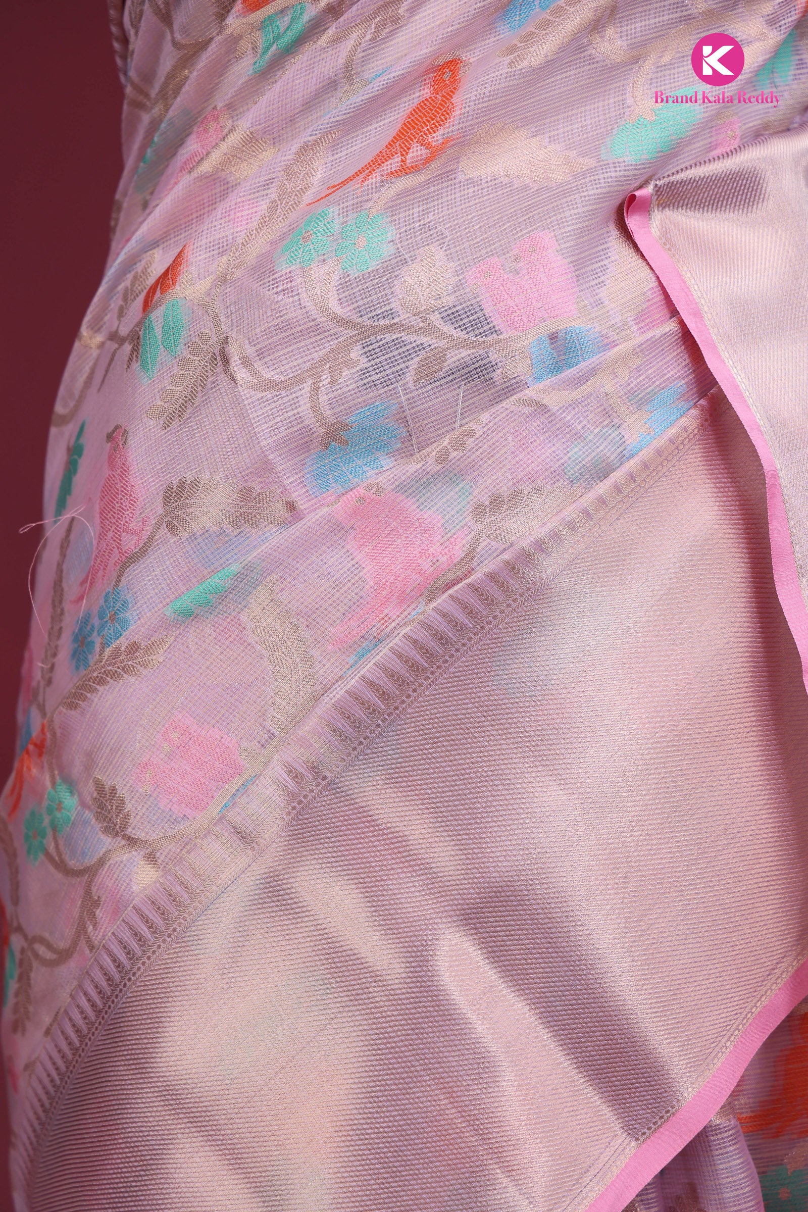 Pink Zari Kota Saree with Intricate Bird Motifs