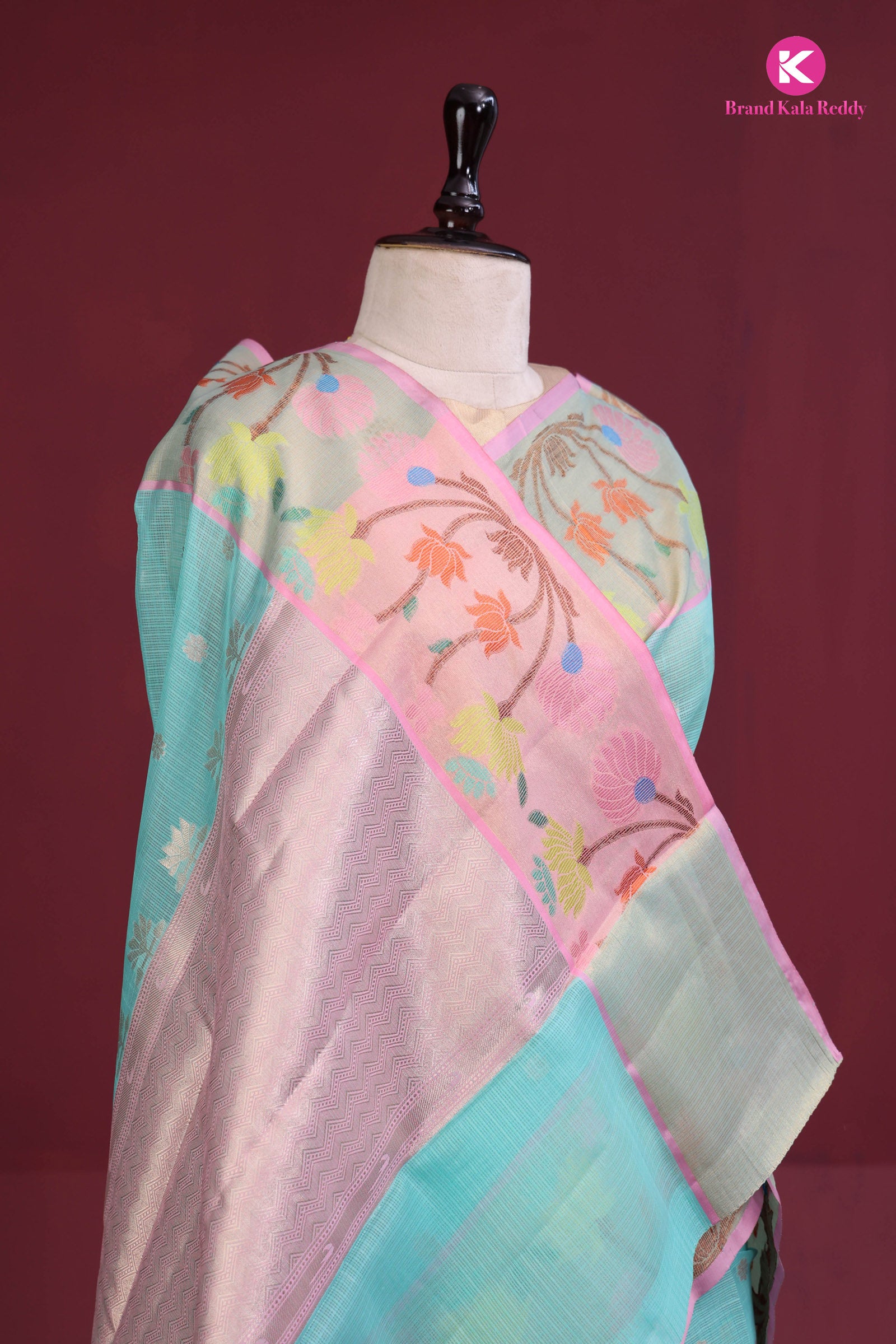 Cyan Blue Zari Kota Silk Saree with Flower Zari Border