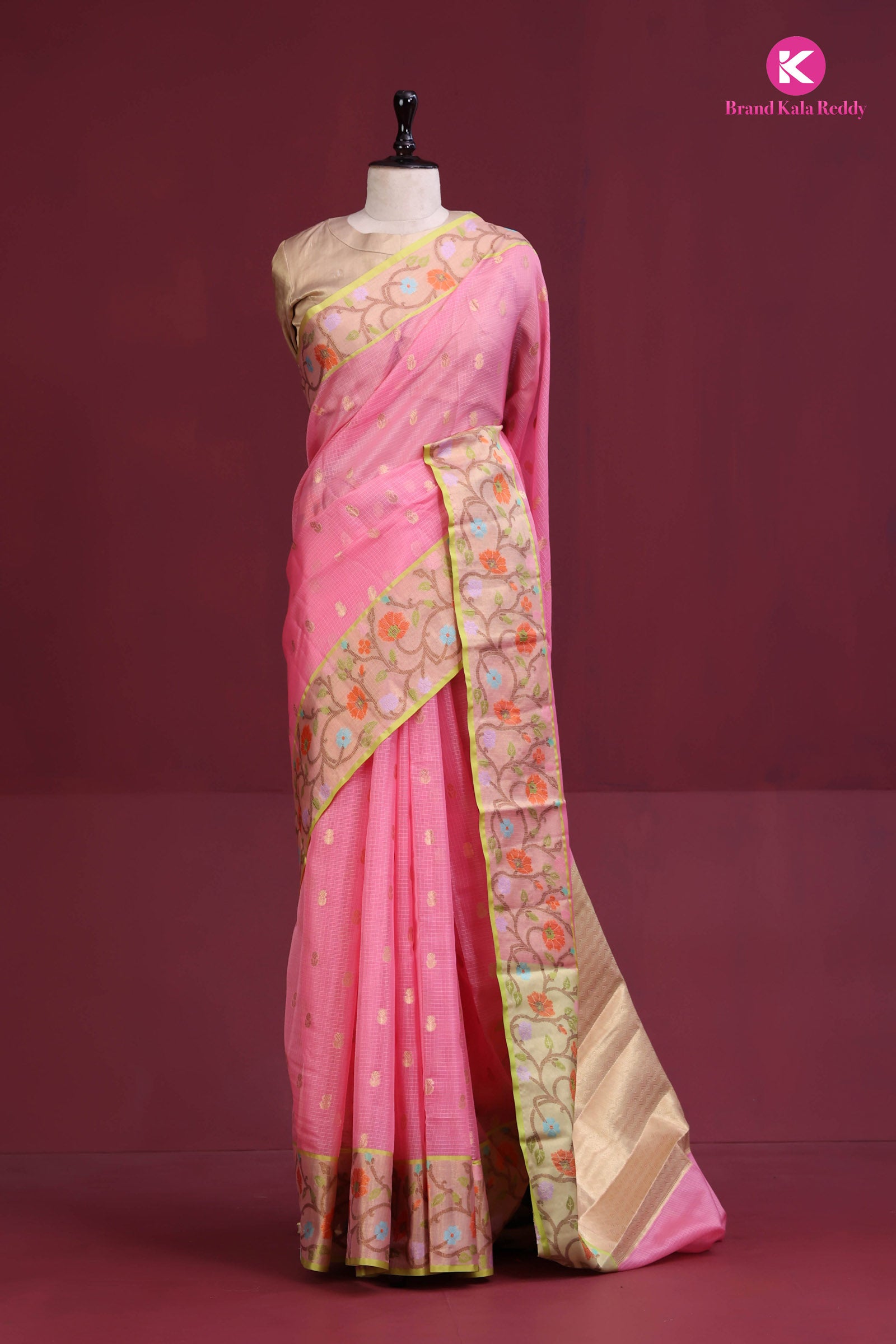 Pink Zari Kota Silk Saree with Floral Zari Border