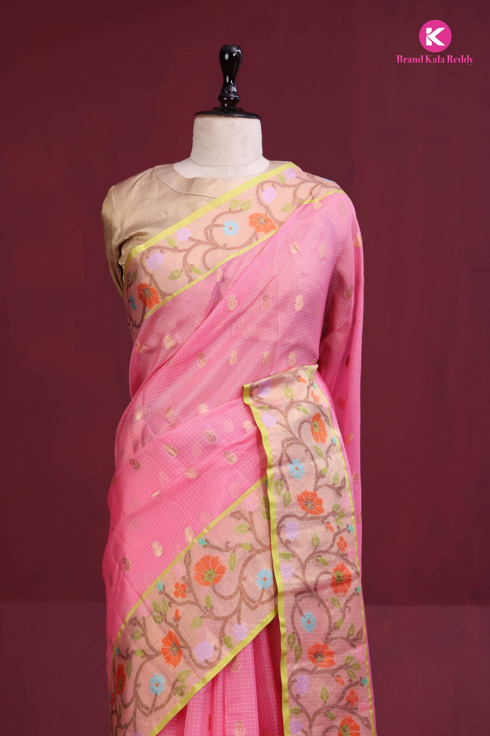 Pink Zari Kota Silk Saree with Floral Zari Border