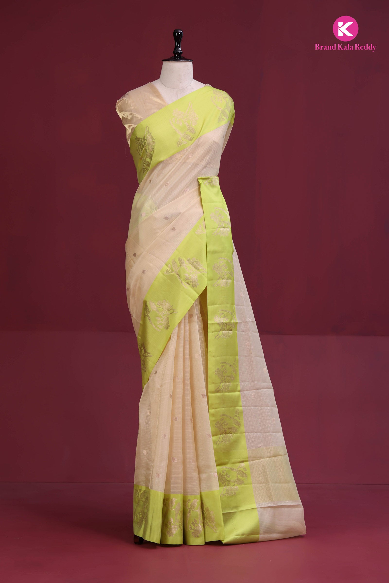 Beige zari Kota Saree with a Lime Green Border