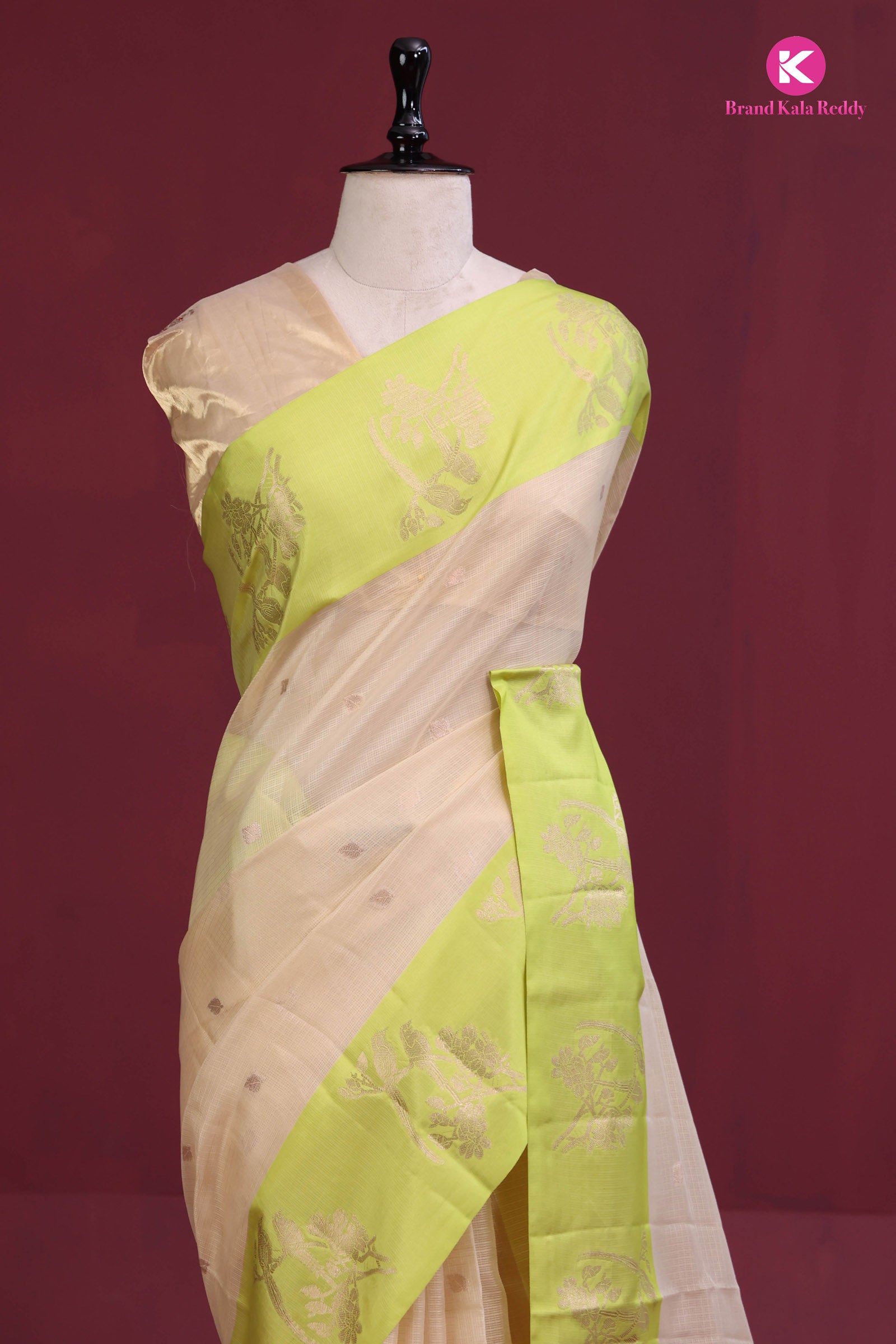 Beige zari Kota Saree with a Lime Green Border