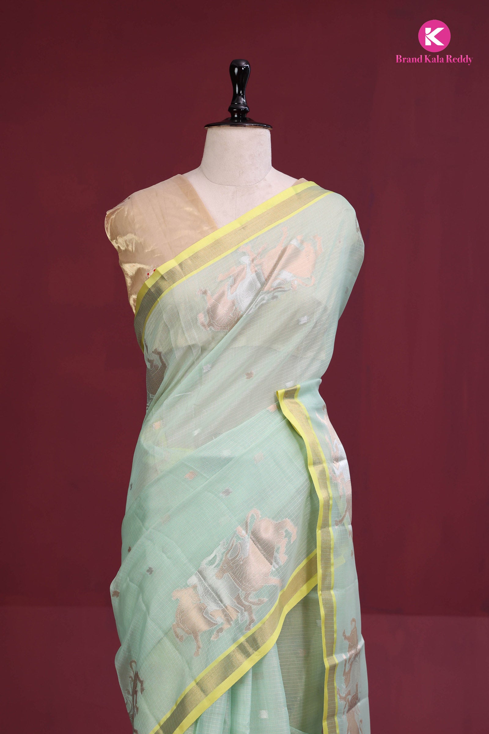 Pastel Green zari Kota Silk Saree with a Yellow Border