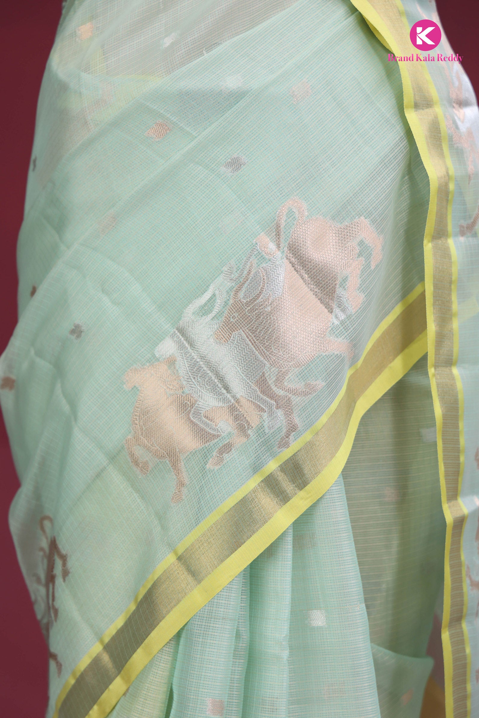 Pastel Green zari Kota Silk Saree with a Yellow Border