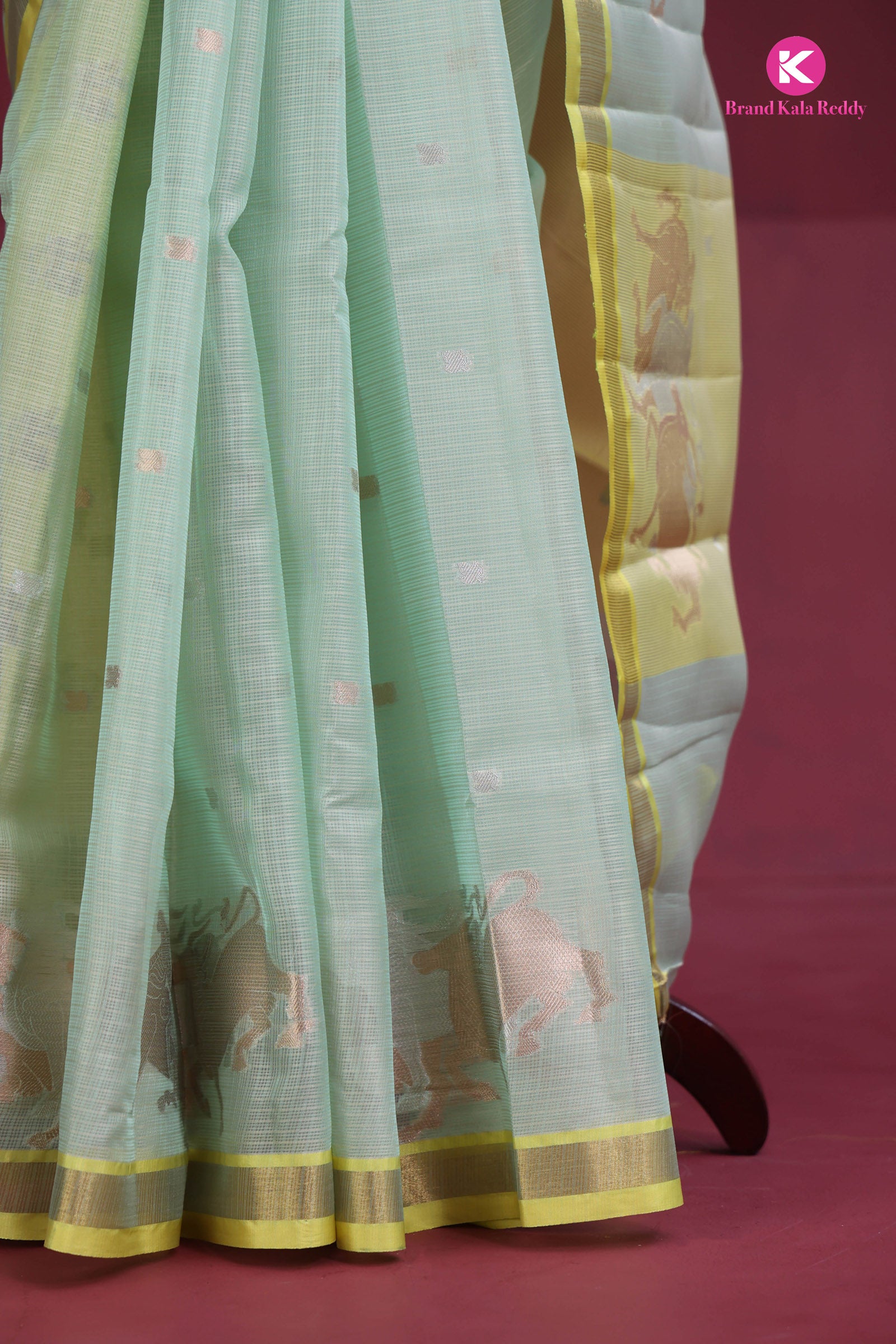 Pastel Green zari Kota Silk Saree with a Yellow Border