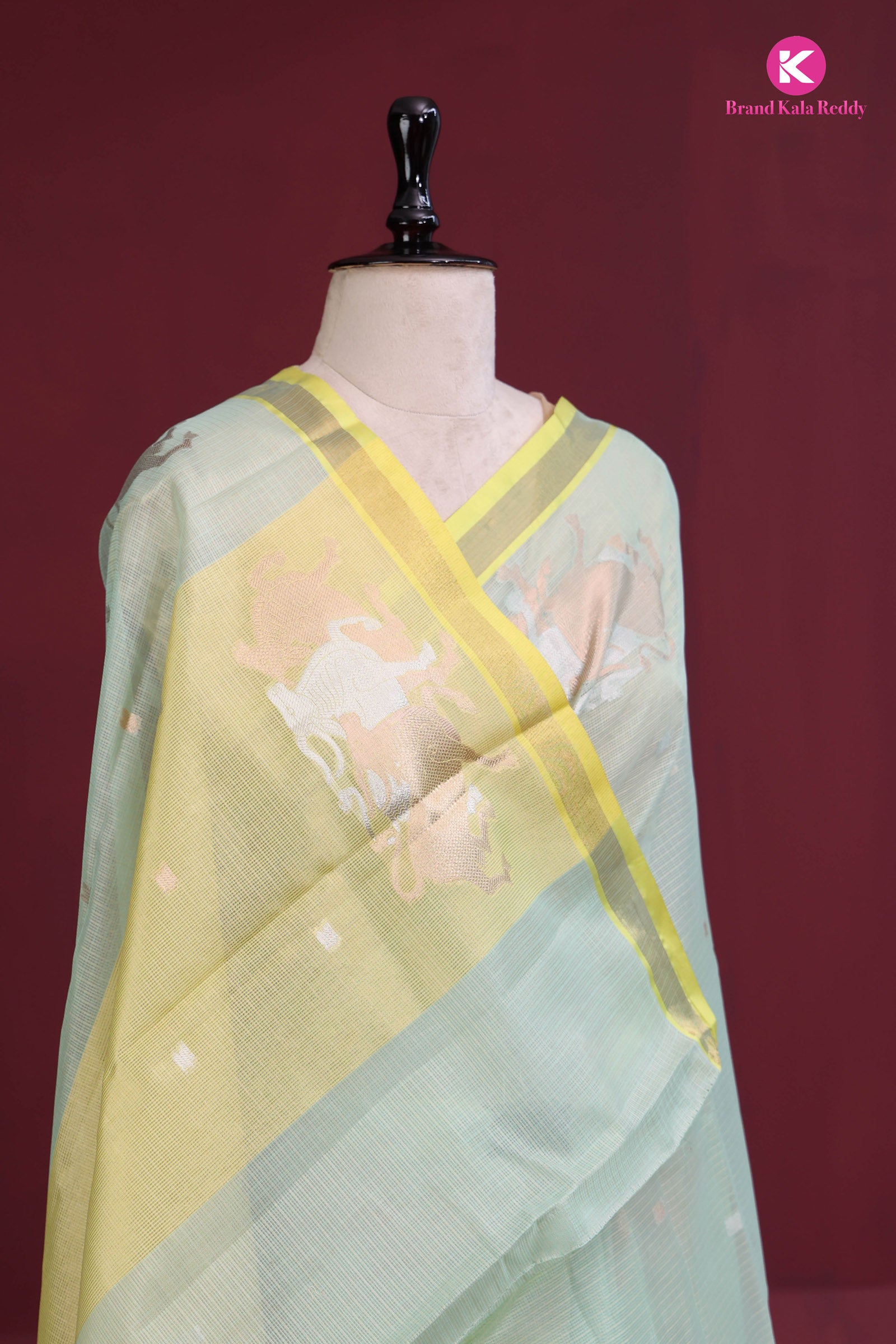 Pastel Green zari Kota Silk Saree with a Yellow Border