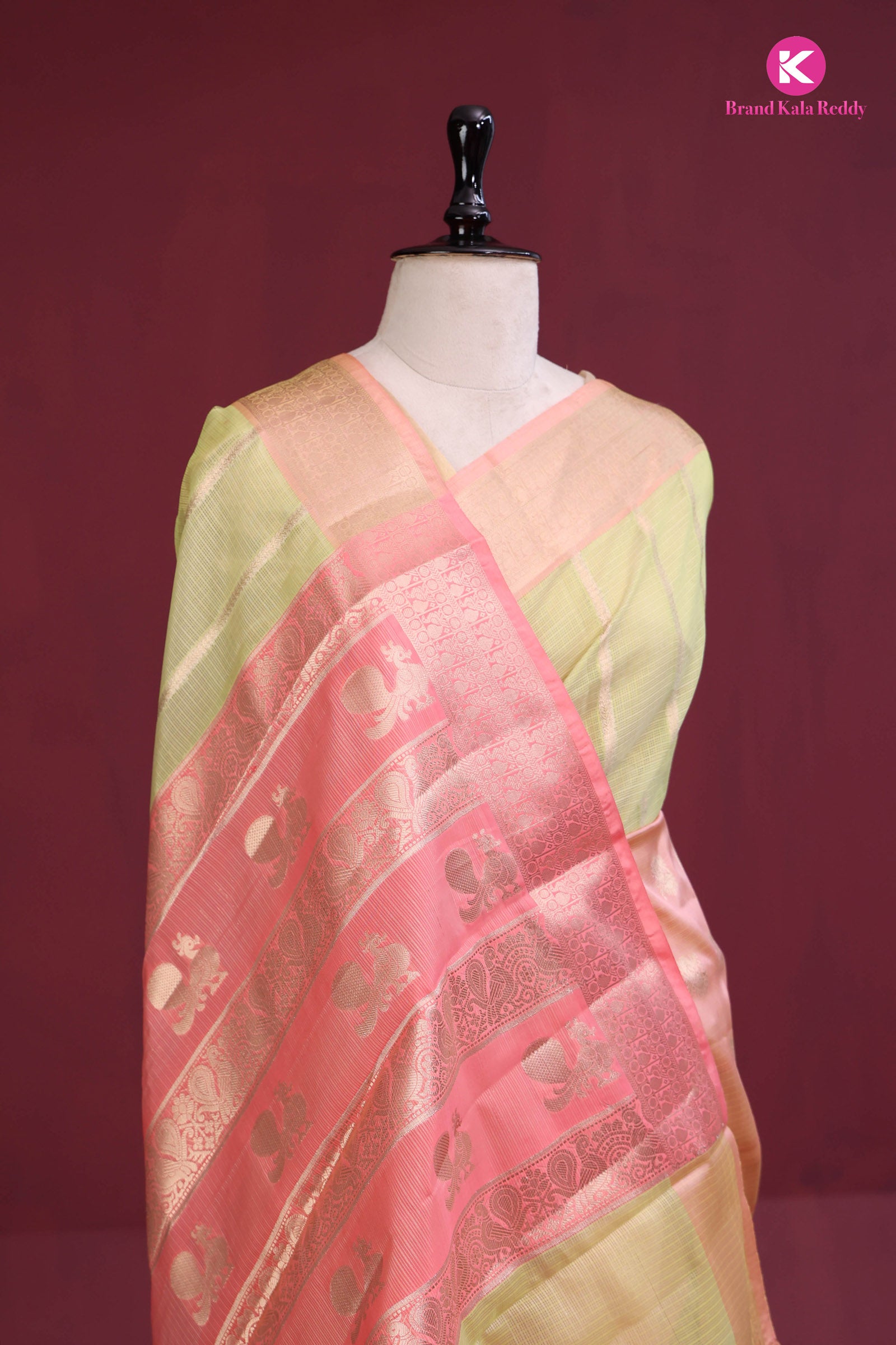 Pastel Green Zari Kota Saree with a Blush Pink Border
