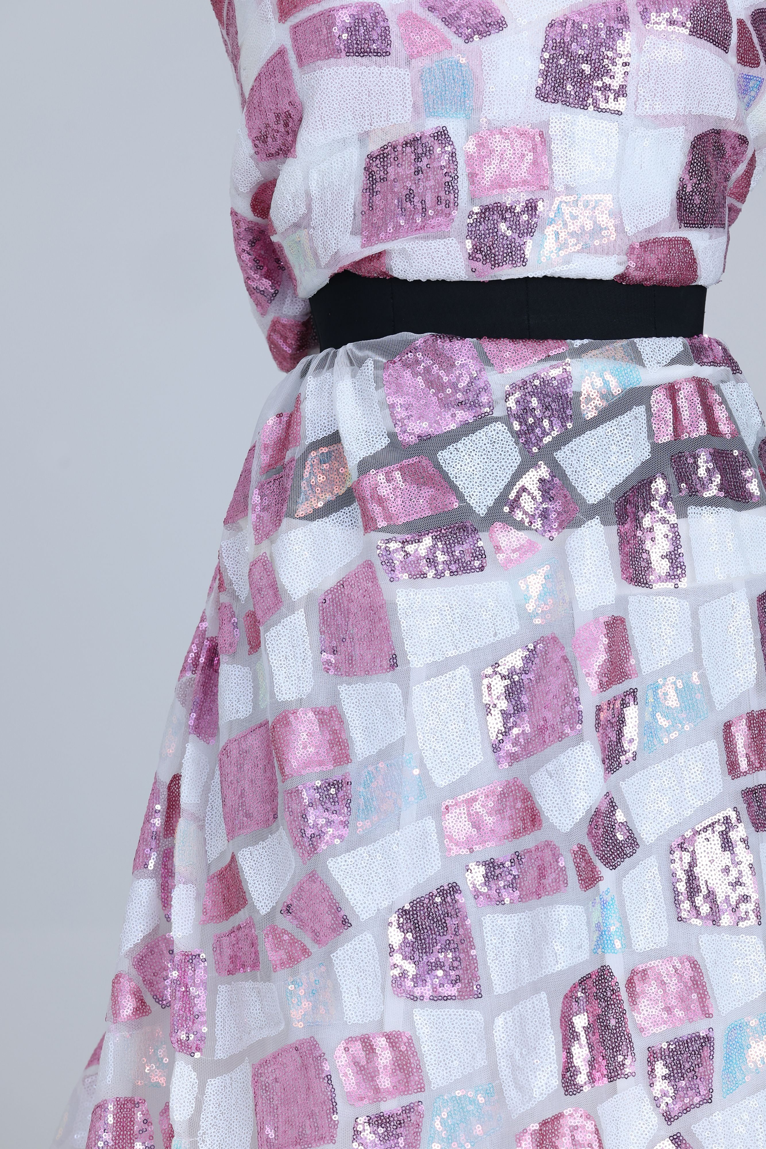 White net fabric with pink and blue sequence
