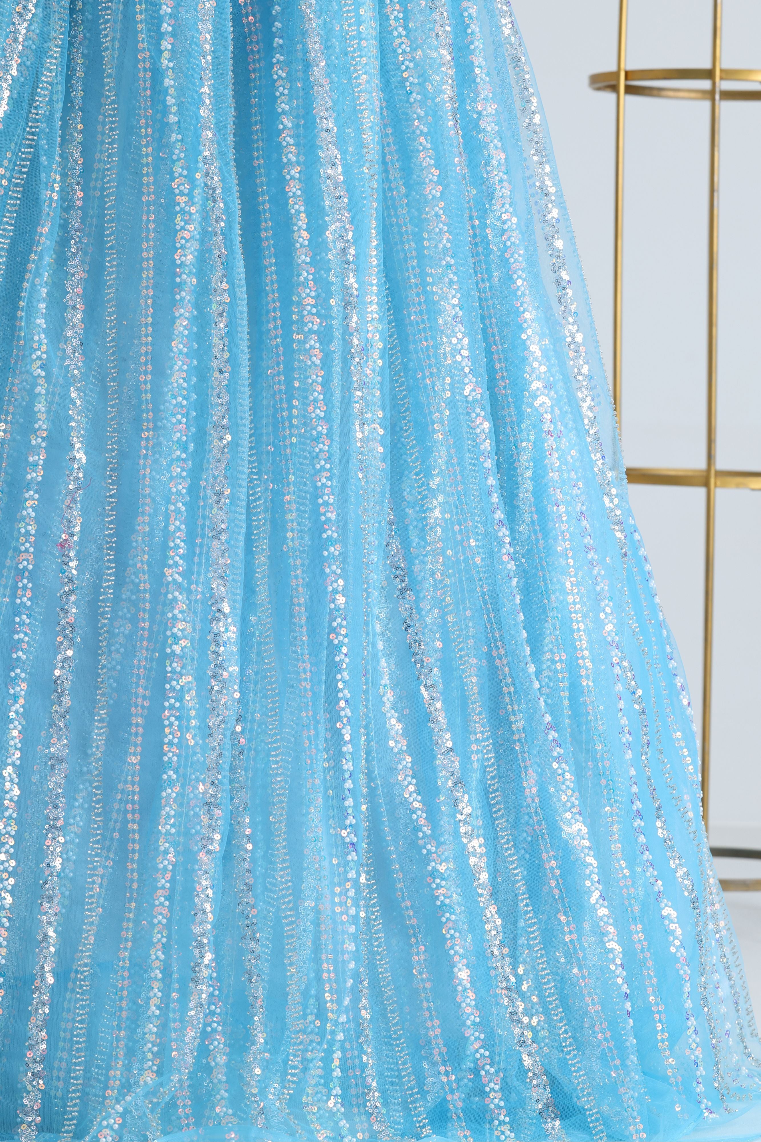 Blue net fabric with floral pattern