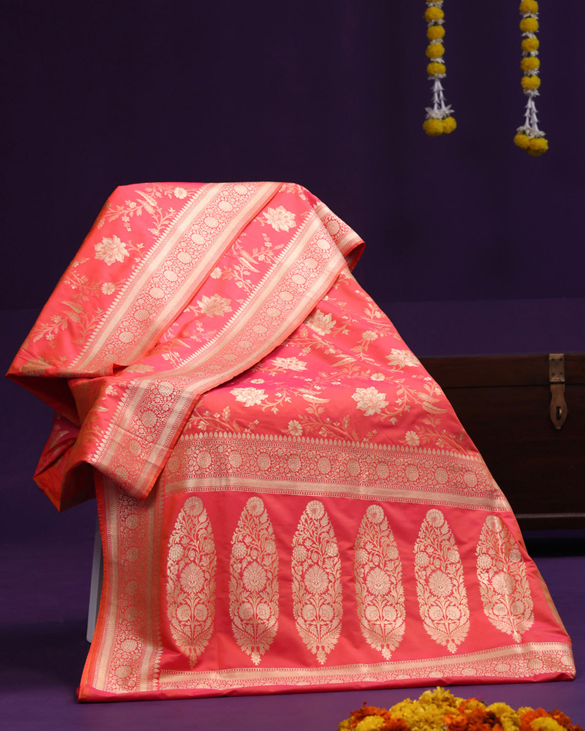 Vermilion Gold Banarasi Silk Saree with Floral Motifs