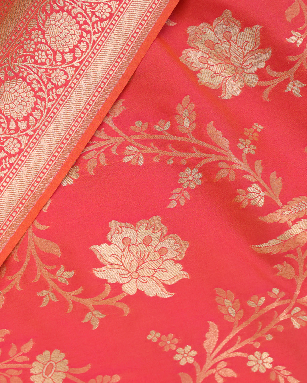 Vermilion Gold Banarasi Silk Saree with Floral Motifs