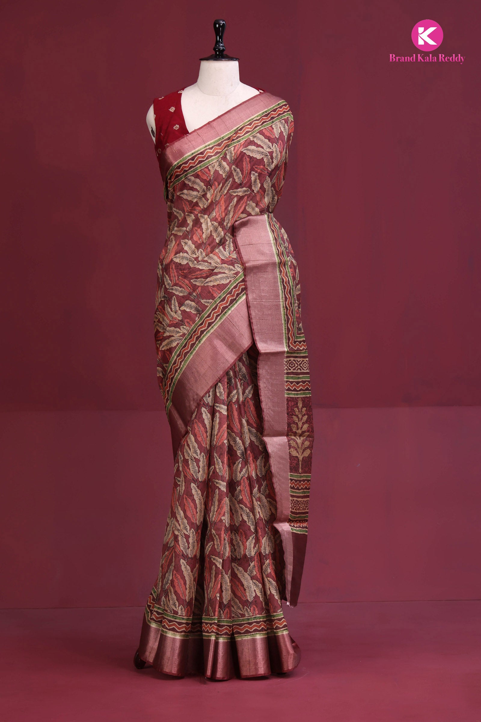 Autumn Leaves: Earthy Printed Silk Saree with Zari Border