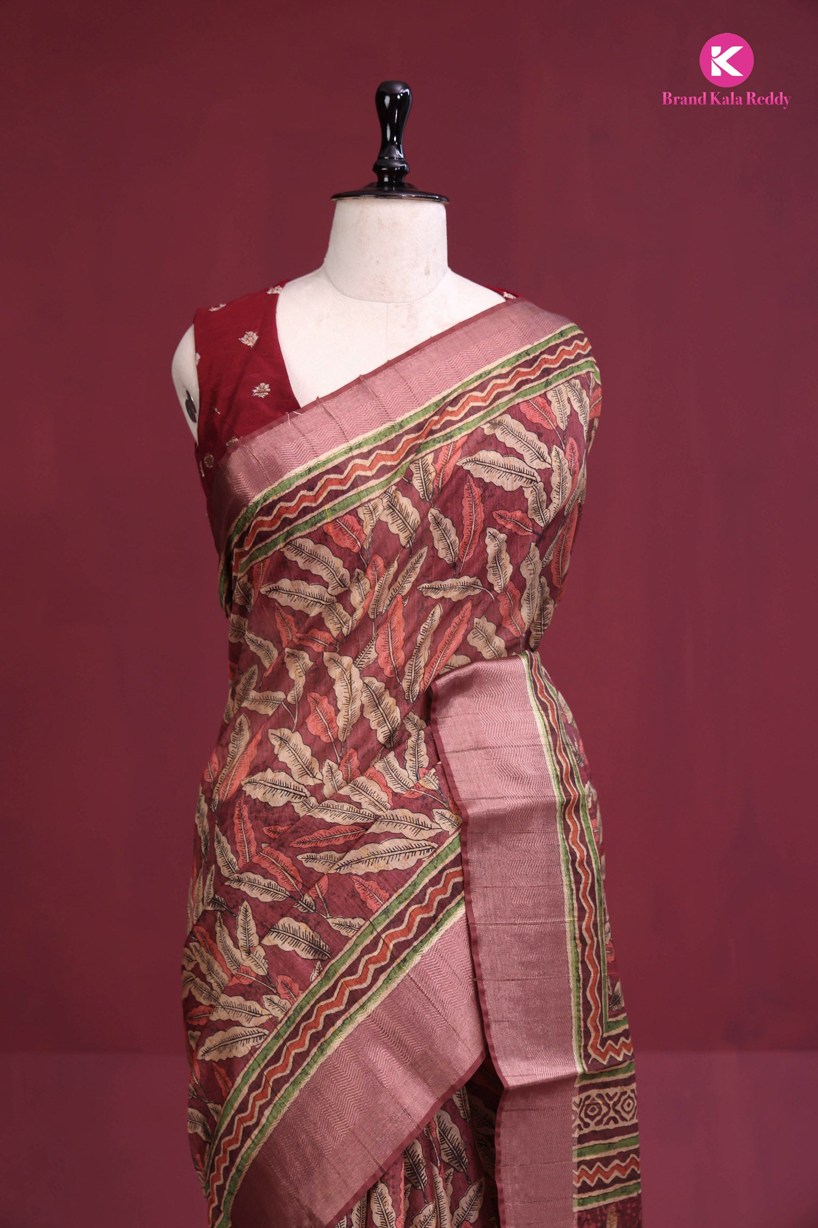 Autumn Leaves: Earthy Printed Silk Saree with Zari Border
