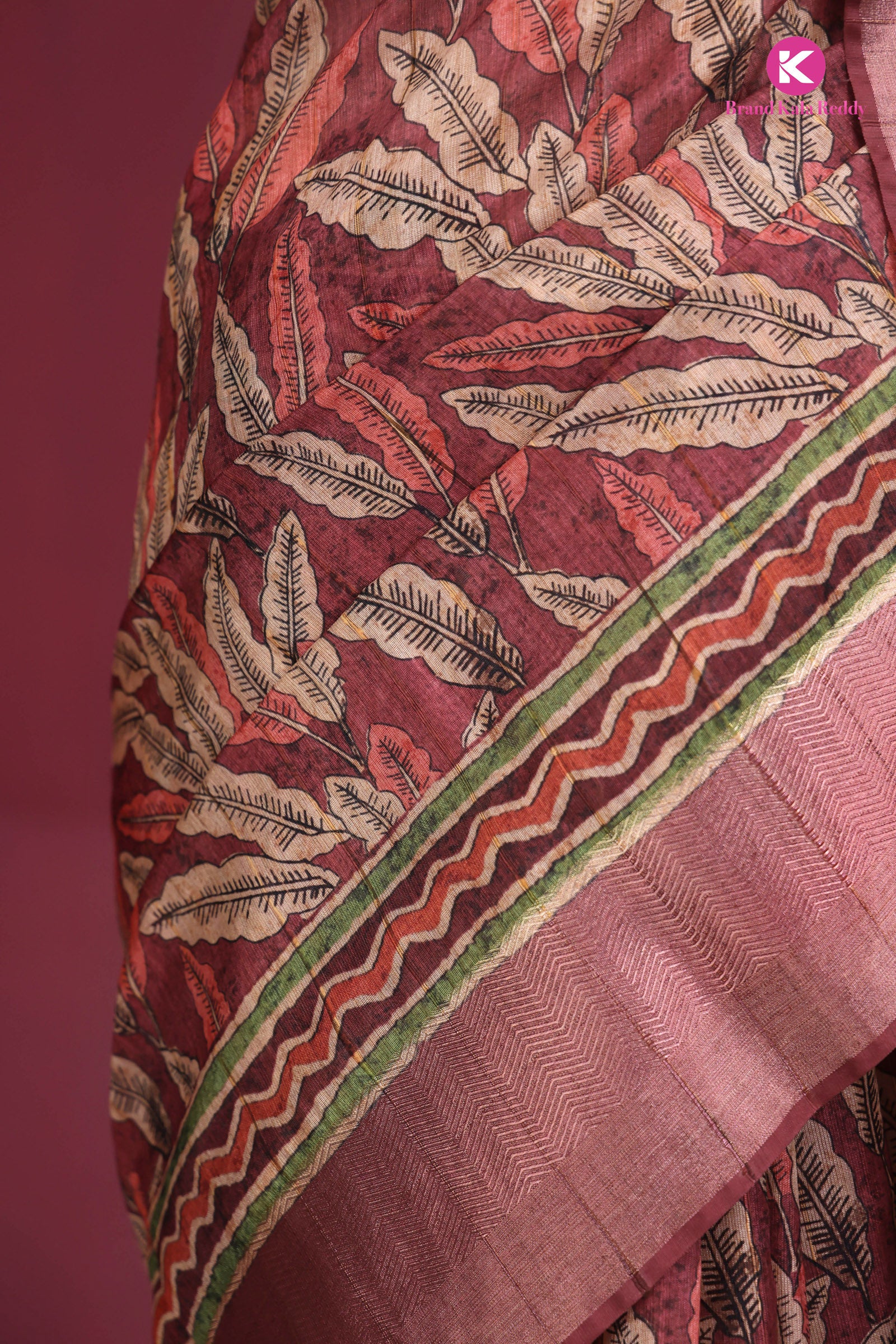 Autumn Leaves: Earthy Printed Silk Saree with Zari Border