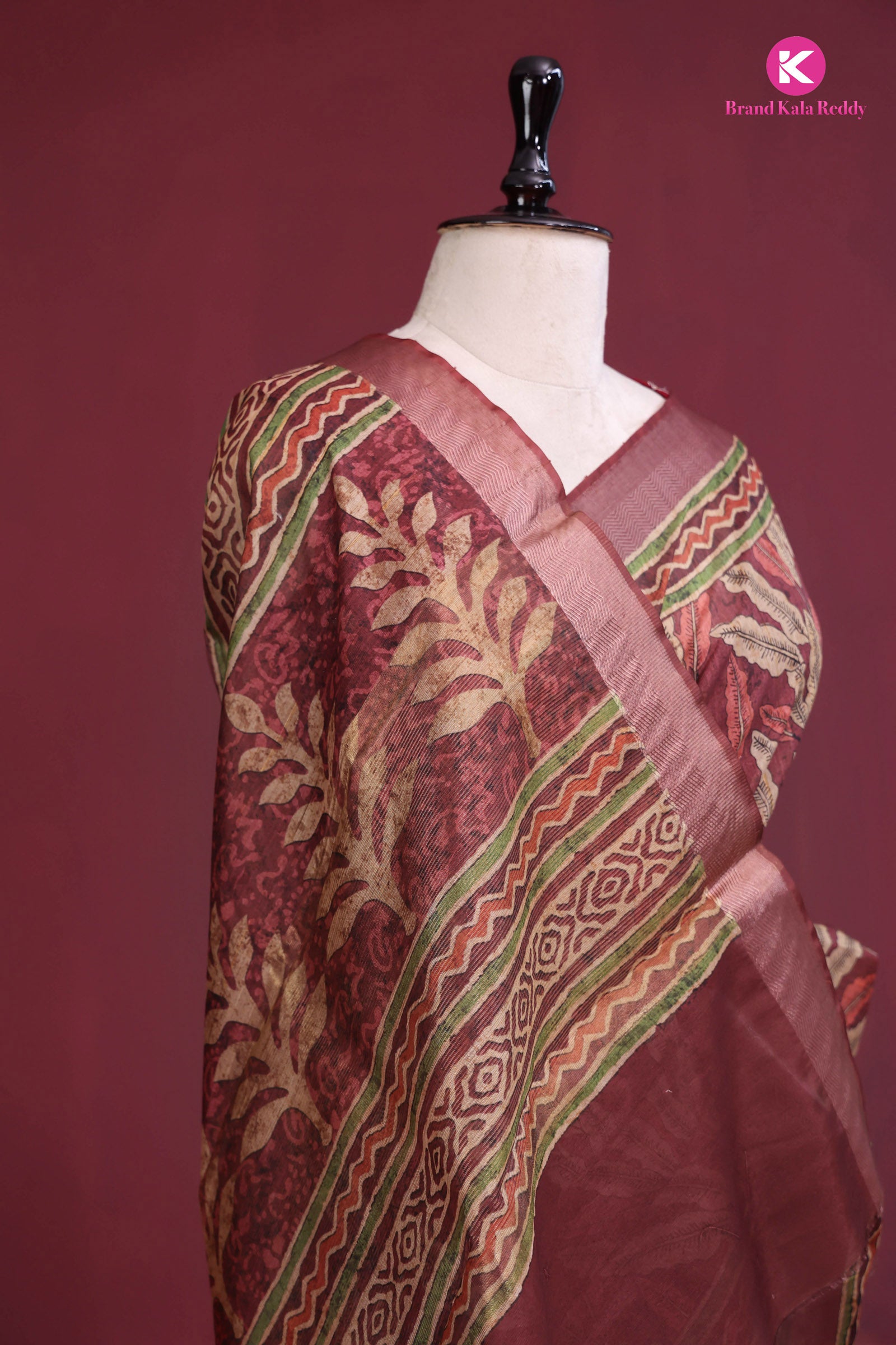 Autumn Leaves: Earthy Printed Silk Saree with Zari Border