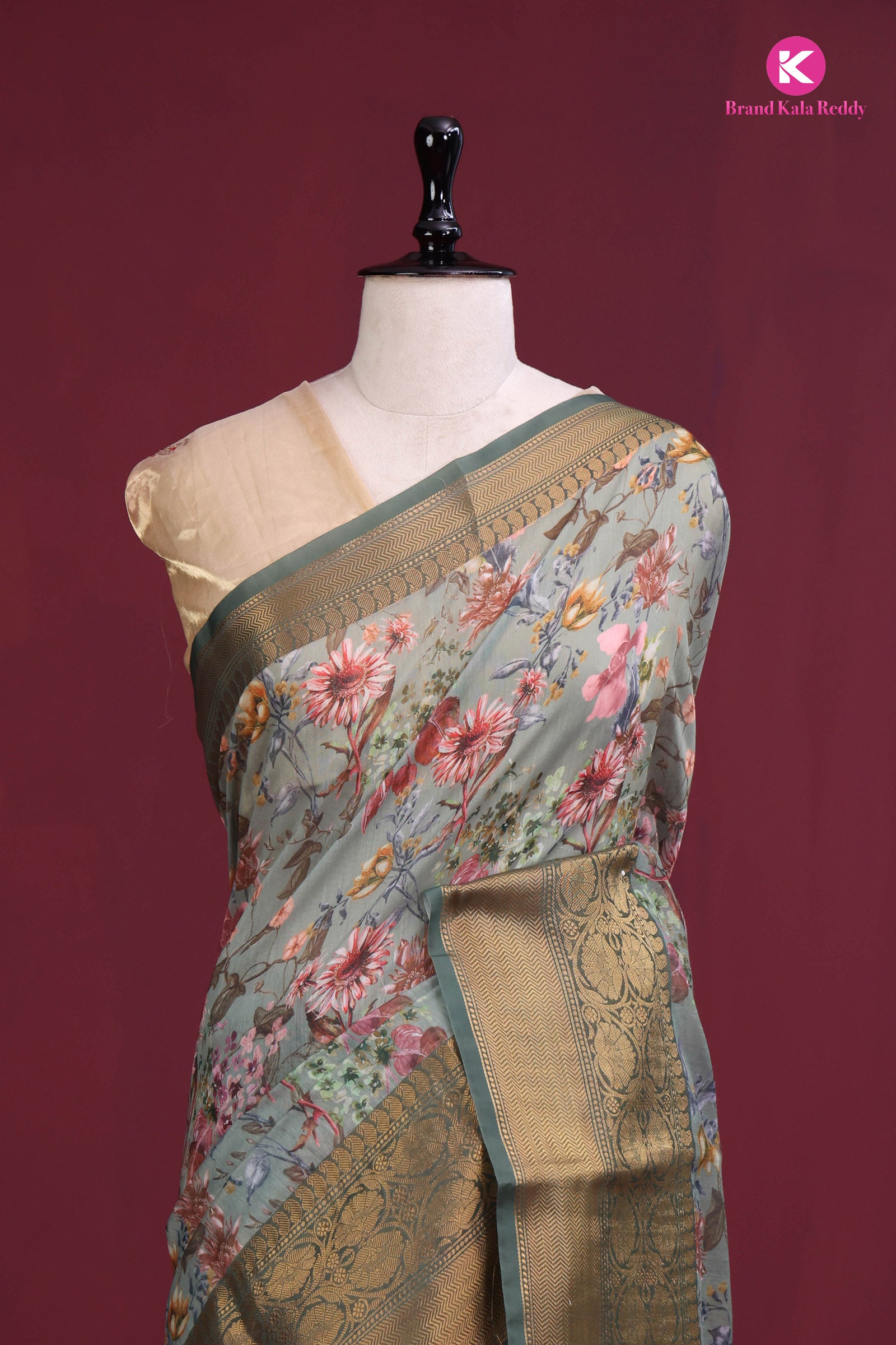 Vintage Bloom Printed Silk Saree with Zari Elegance
